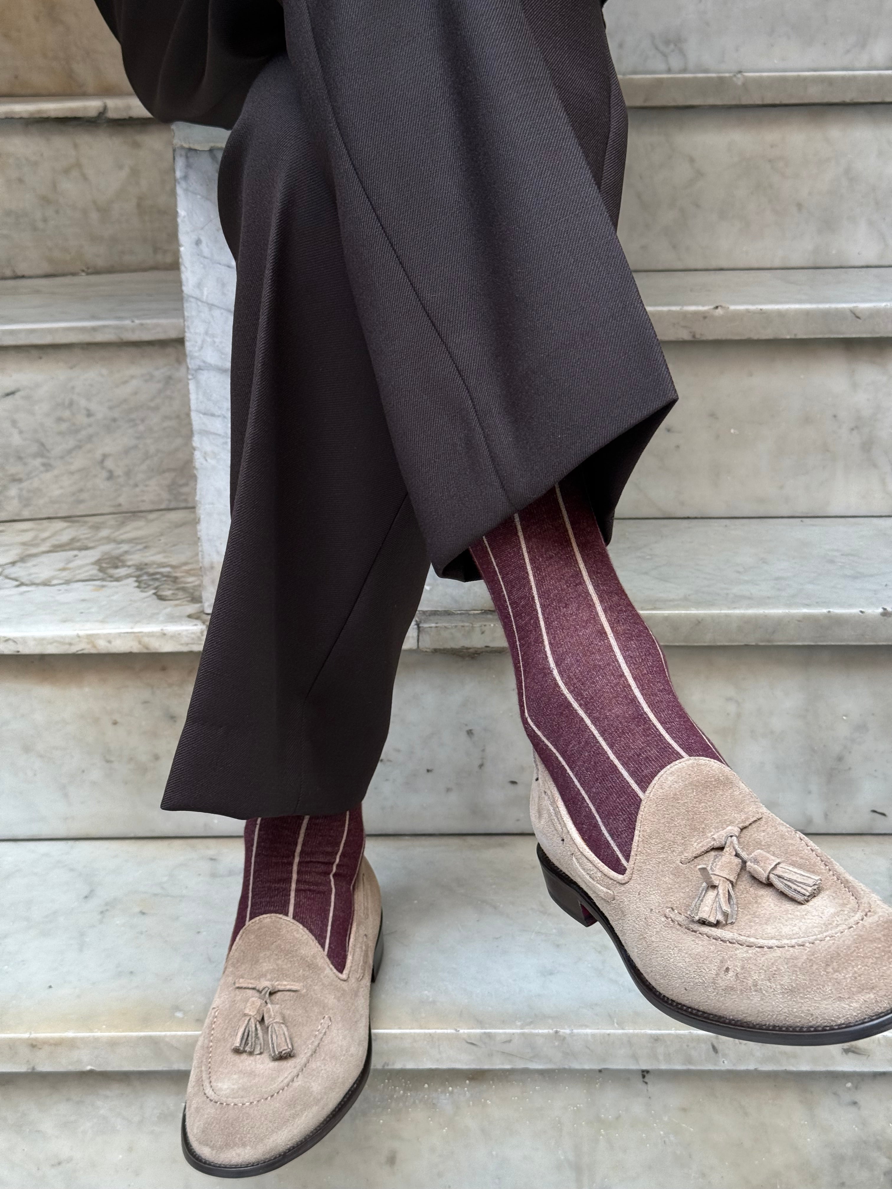 Calza in Cashmere e Cotone a Righe Bordò e Beige