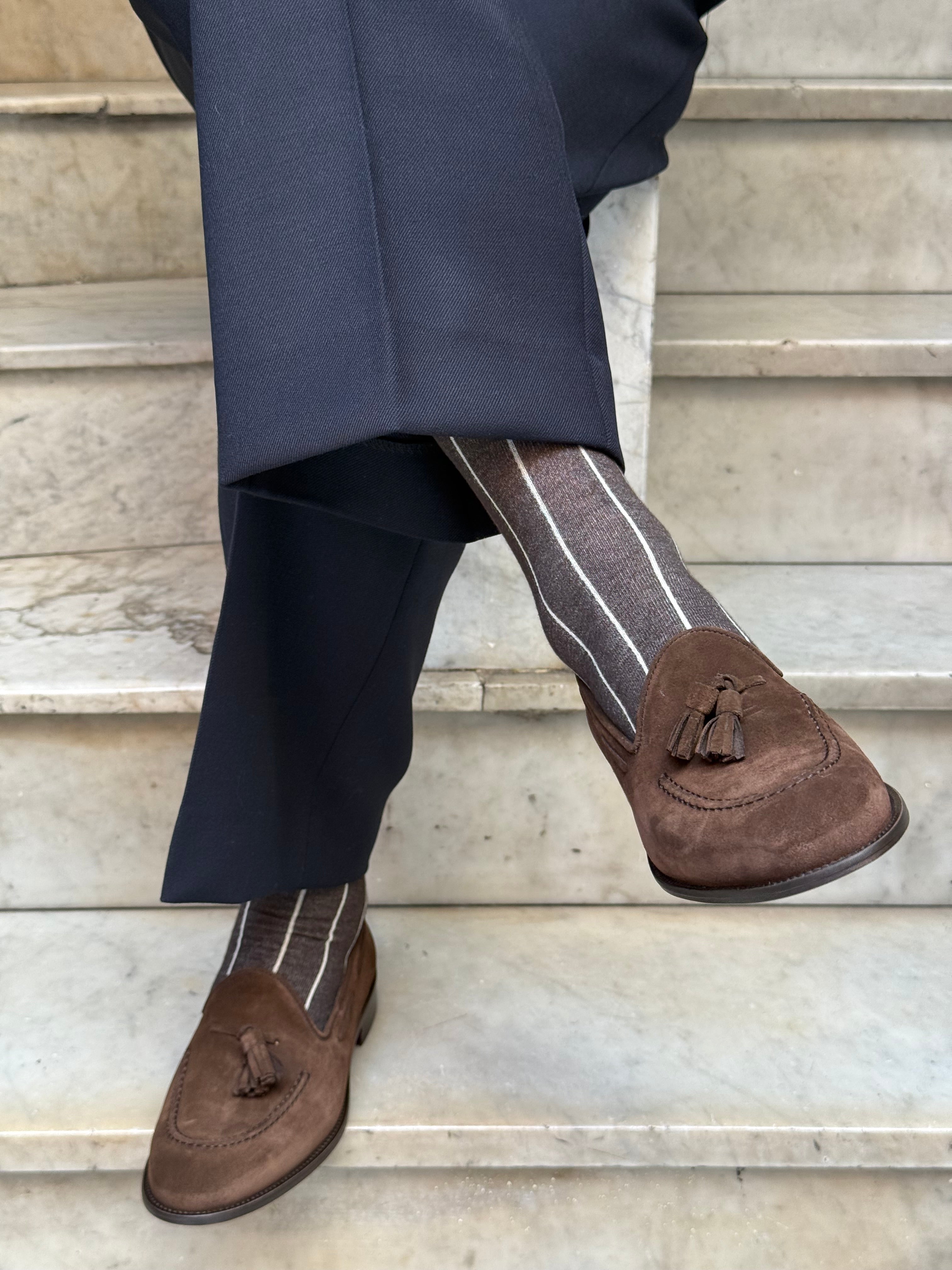 Calza in Cashmere e Cotone a Righe Moro e Beige