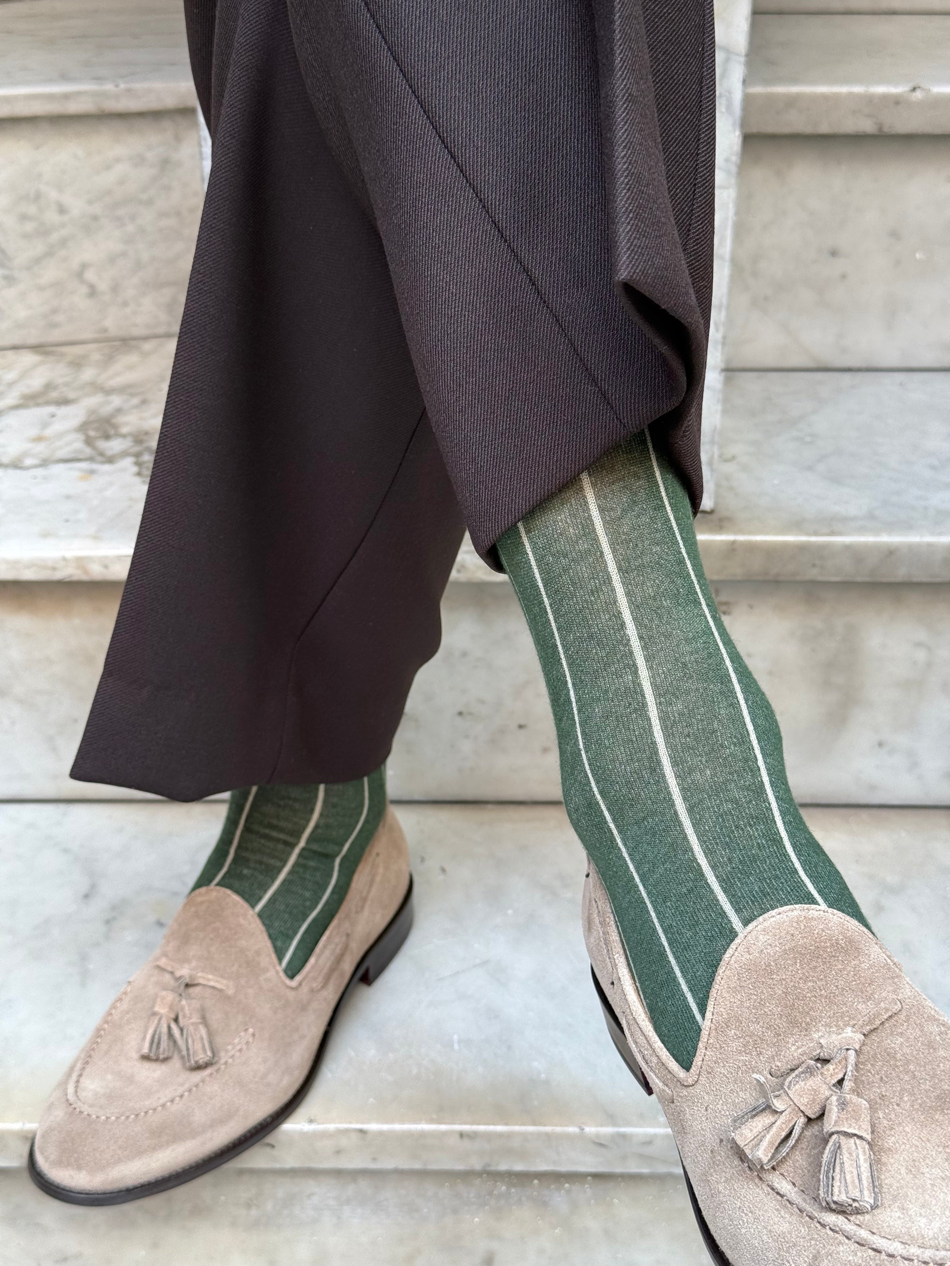 Calza in Cashmere e Cotone a Righe Verde e Beige
