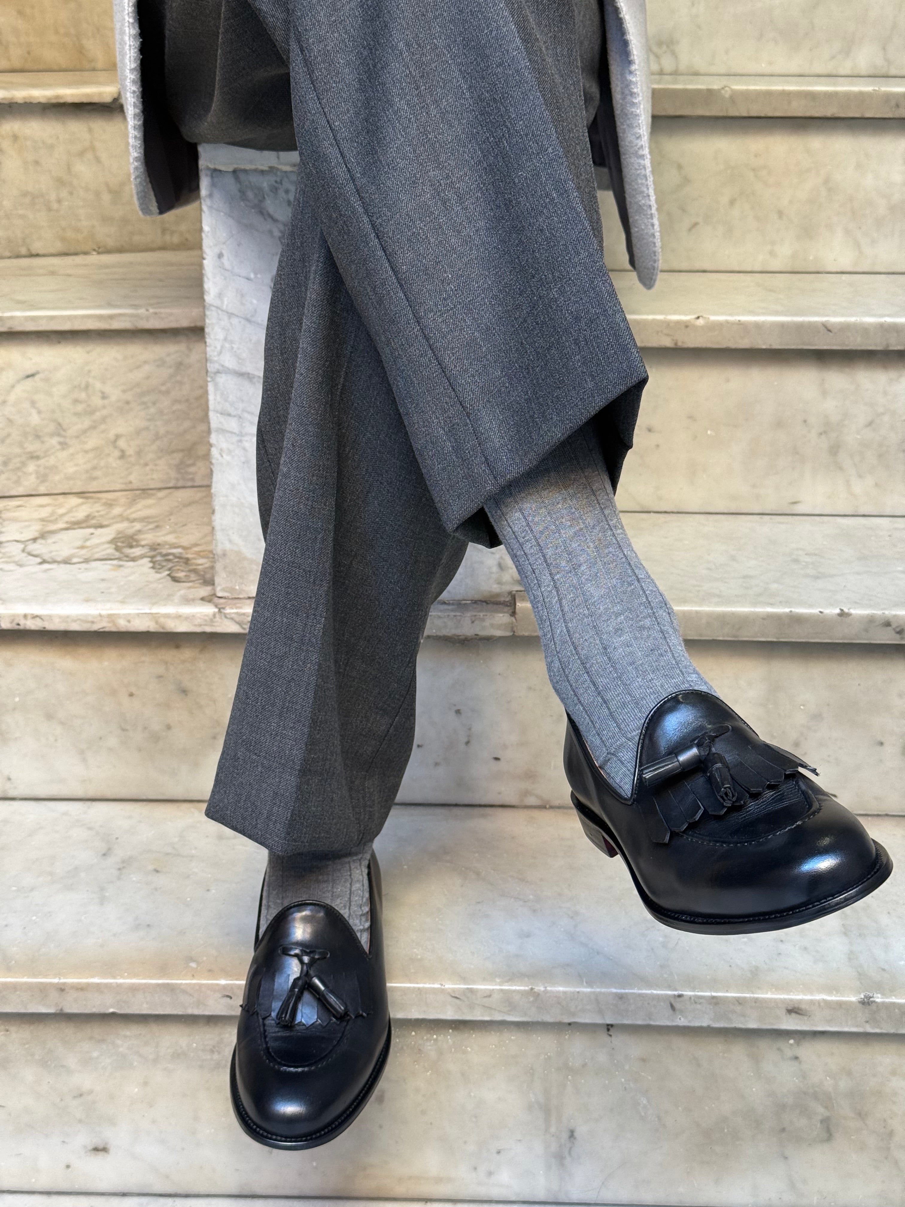 Calza in Cashmere e Cotone a Coste Grigio Chiaro