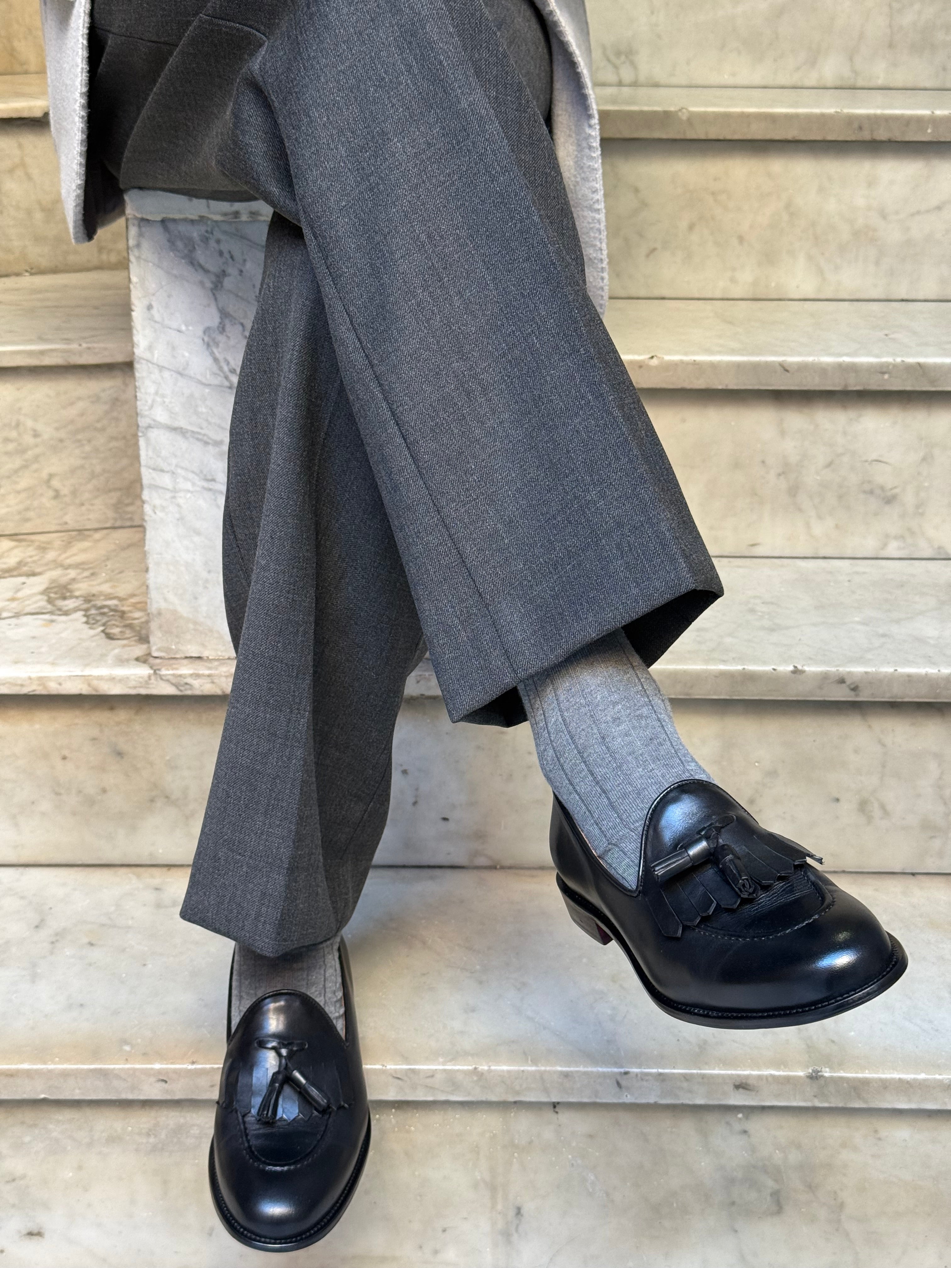 Calza in Cashmere e Cotone a Coste Grigio Chiaro
