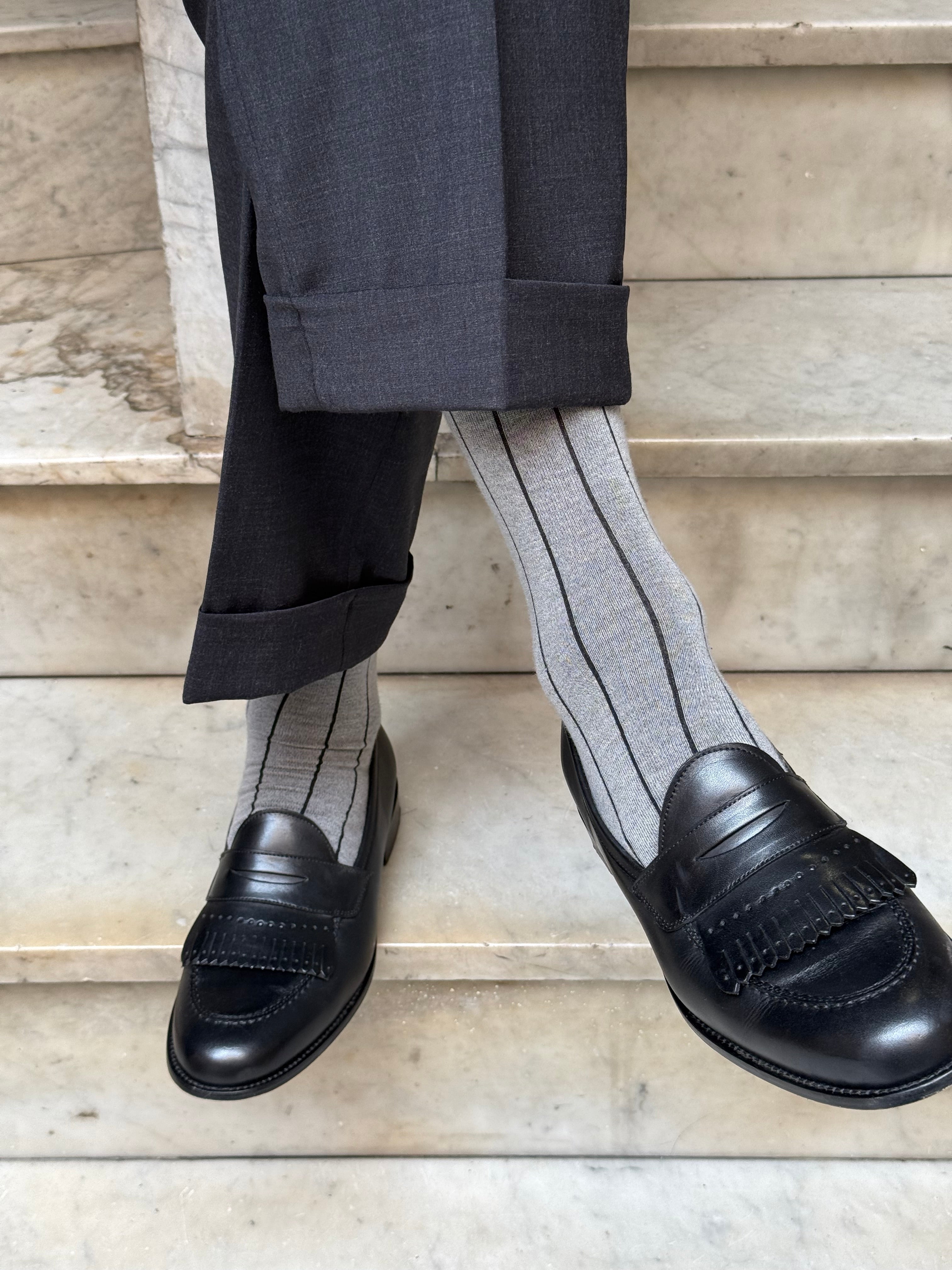 Calza in Cashmere e Cotone a Righe Grigio e Nero