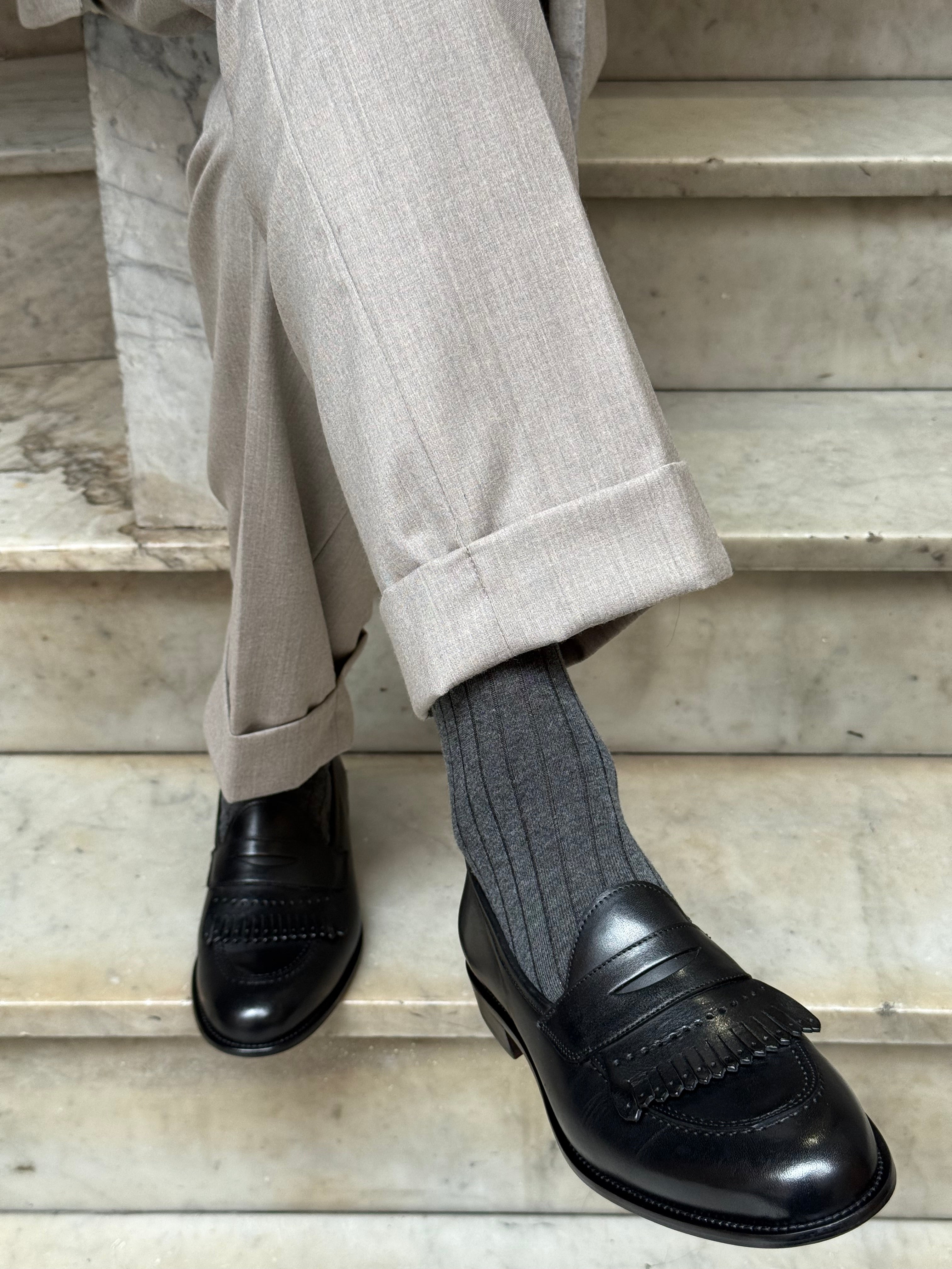 Calza in Cashmere e Cotone a Coste Grigio