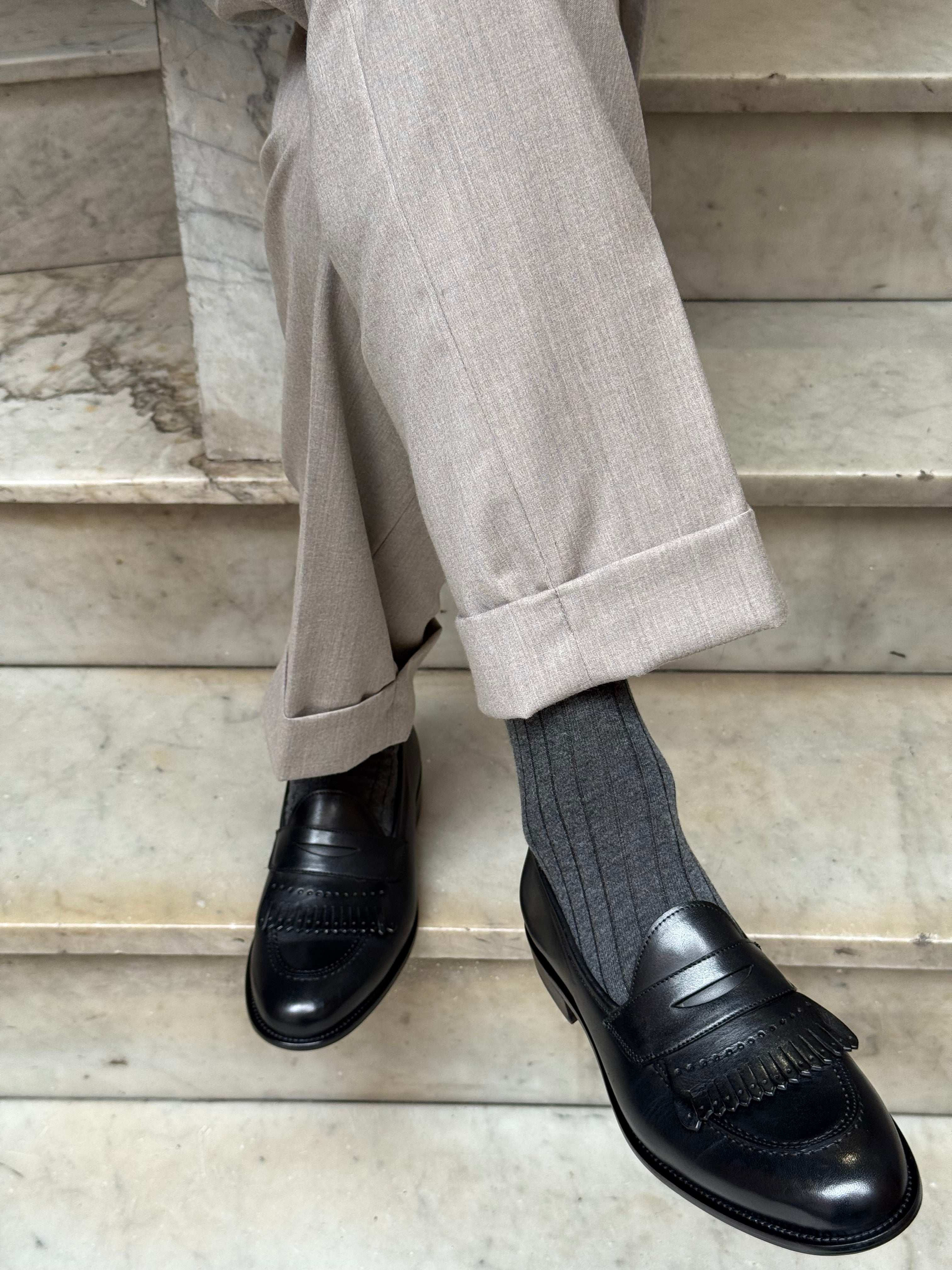 Calza in Cashmere e Cotone a Coste Grigio