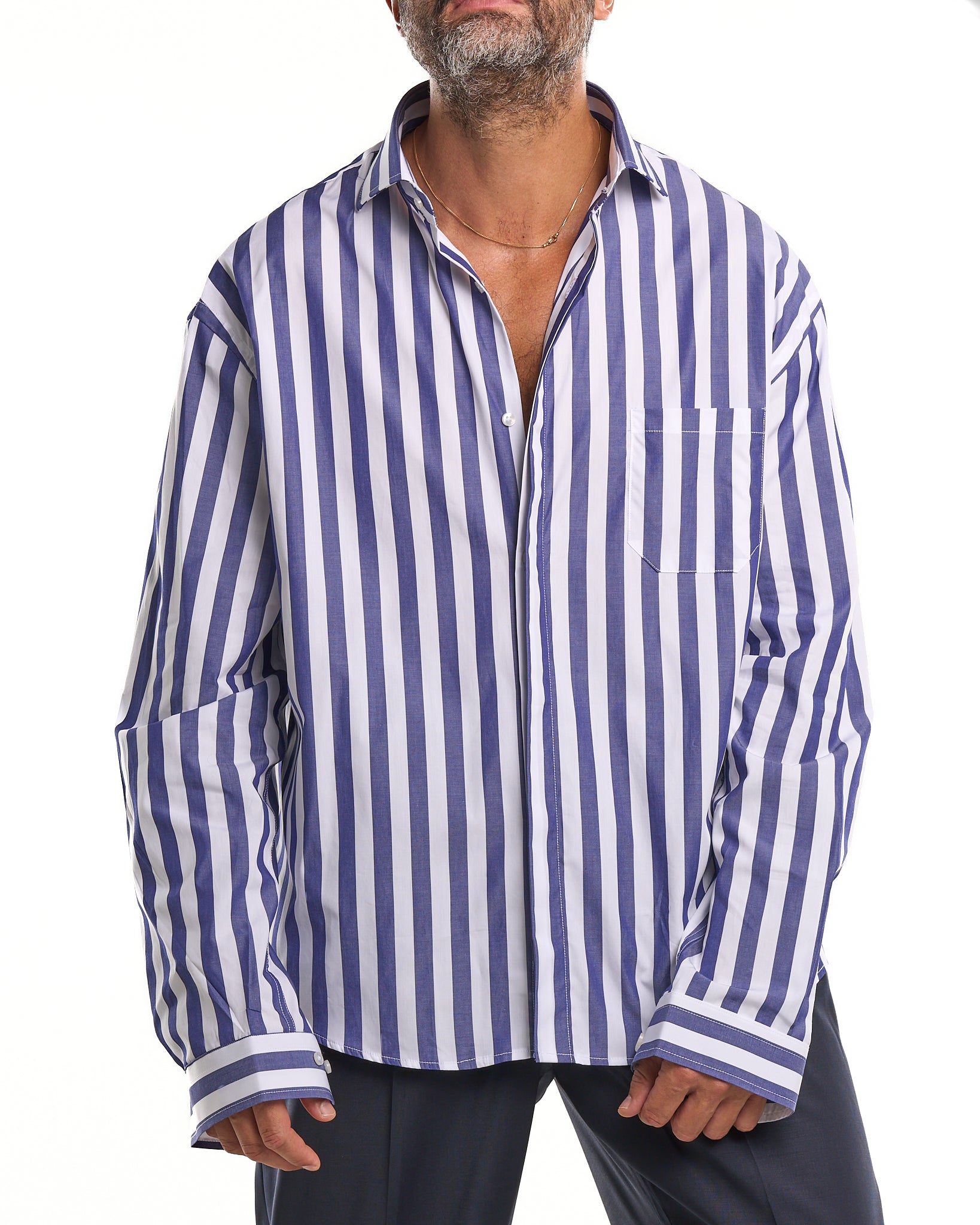 Oversized Shirt with Pocket and Double Stripe in Light Blue