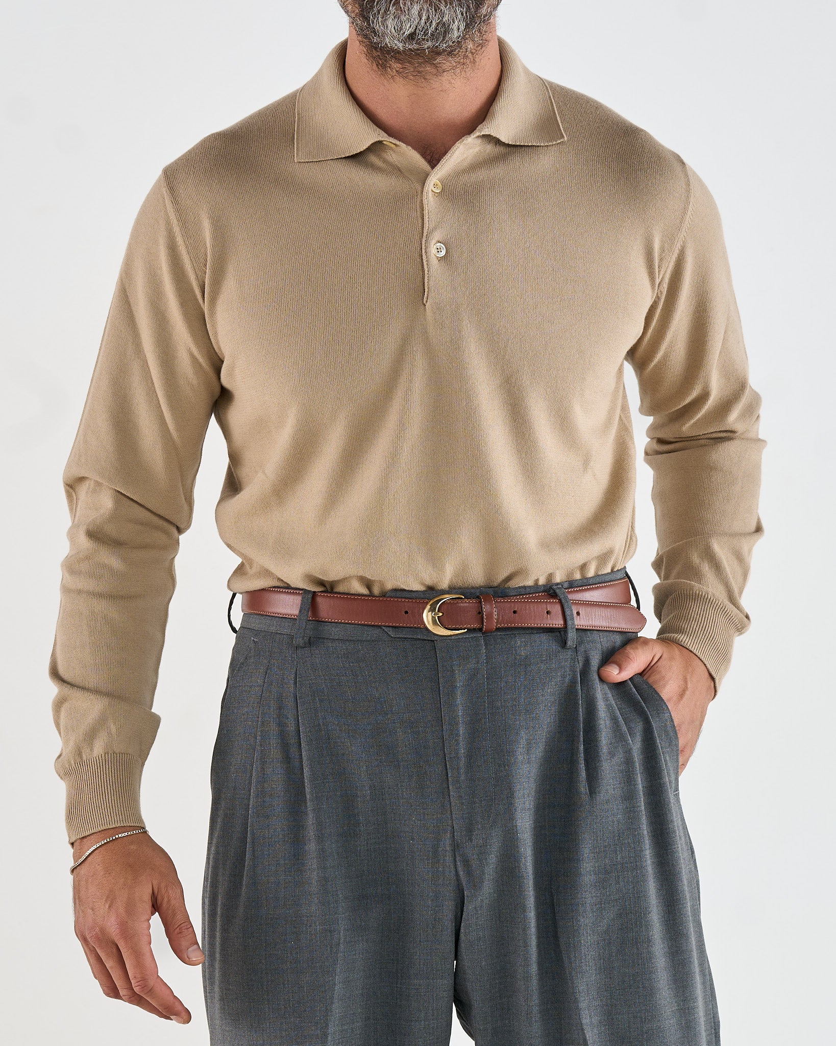 Polo Manica Lunga Tre Bottoni Beige