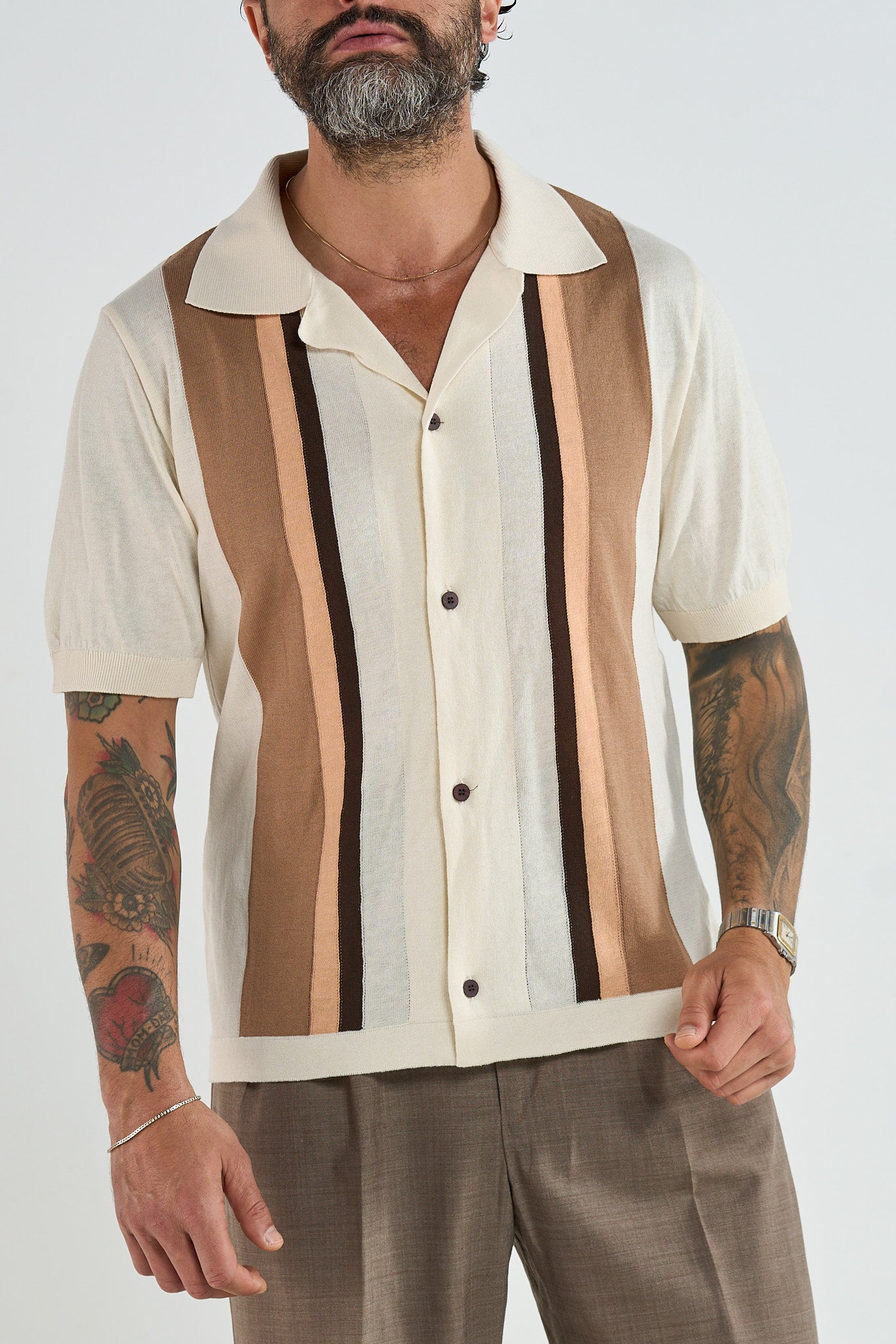 Polo Camicia Avorio con Righe a Contrasto