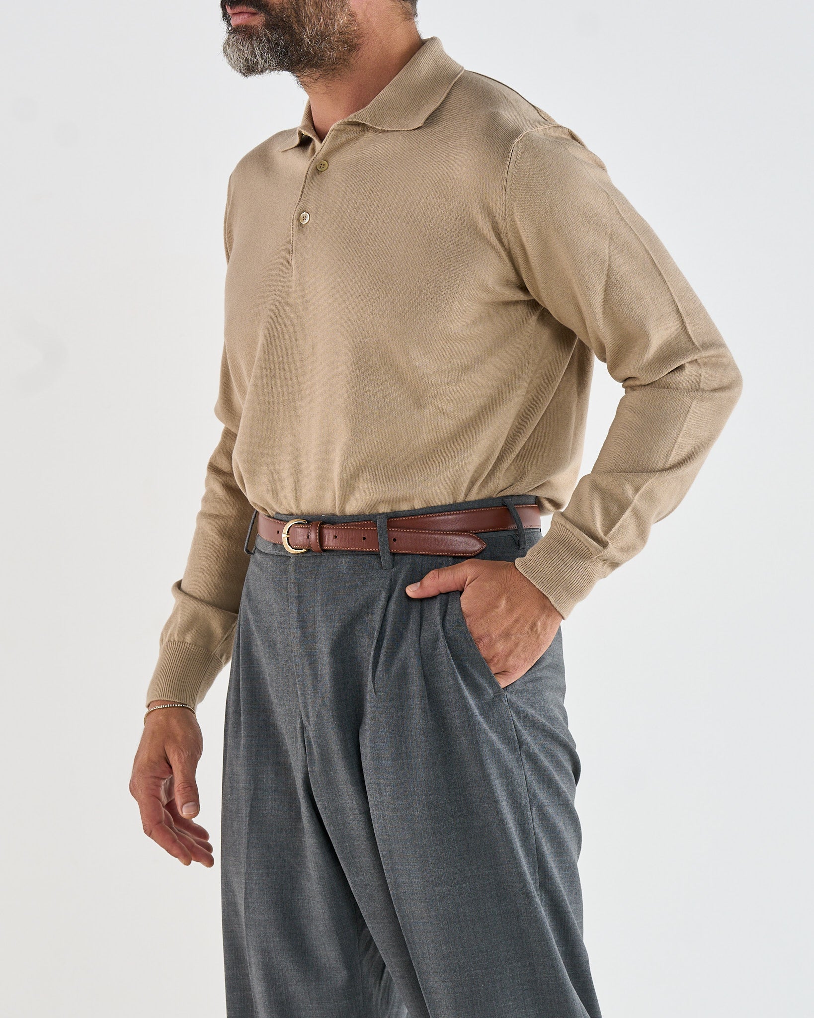 Polo Manica Lunga Tre Bottoni Beige