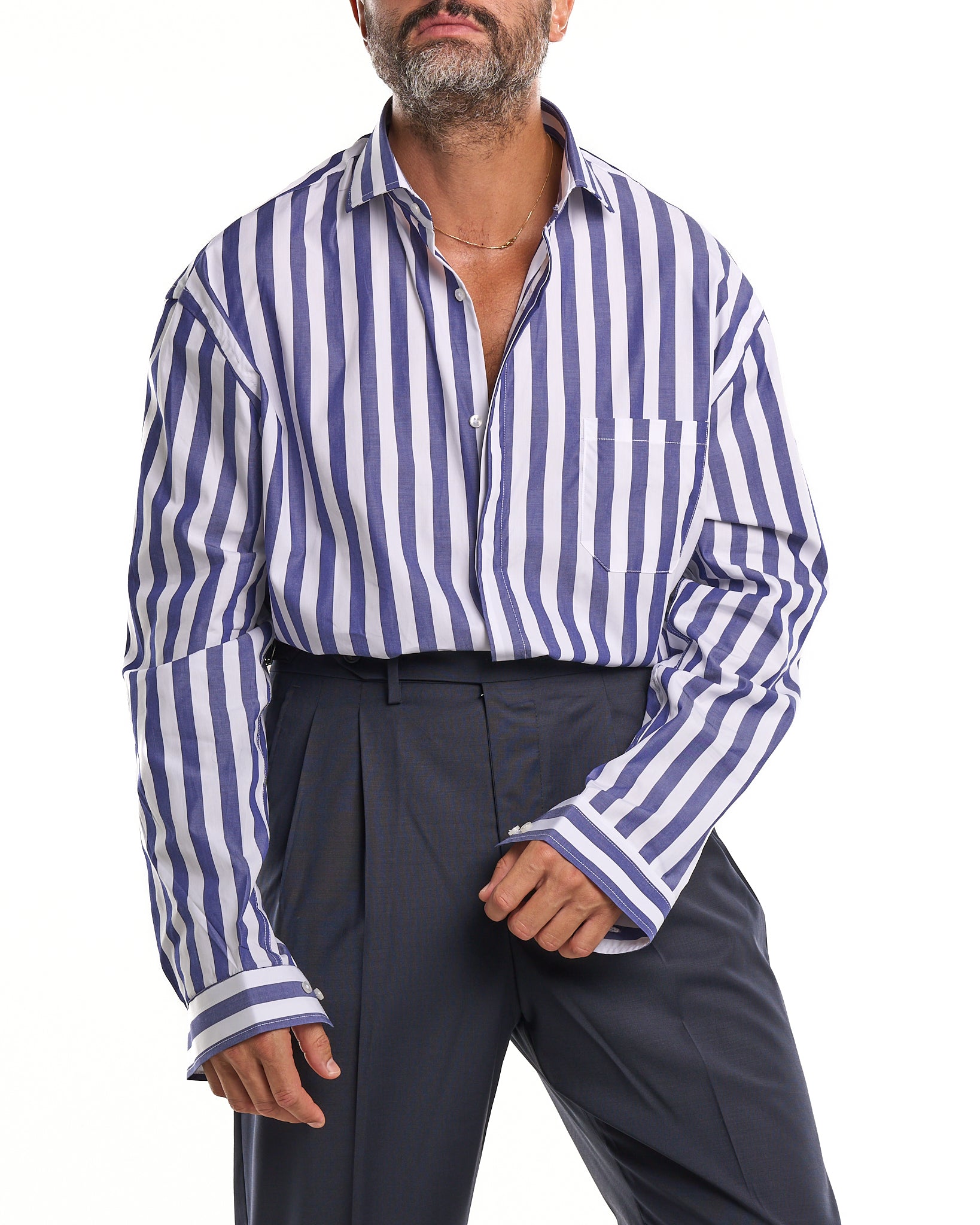 Oversized Shirt with Pocket and Double Stripe in Light Blue