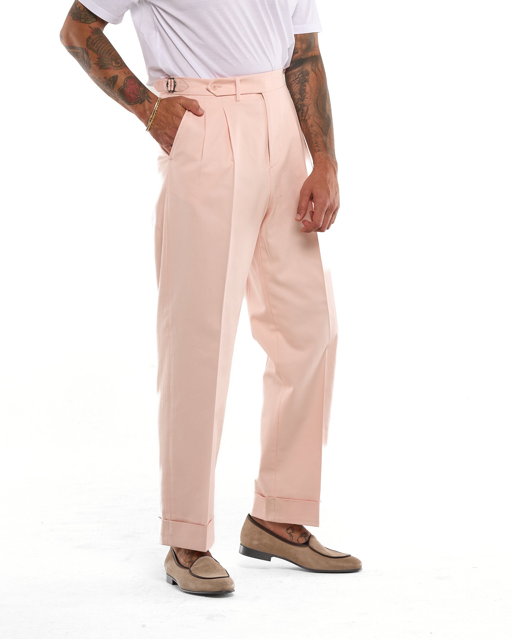 Pantalone Fondo Ampio e Fibbie Laterali in Cotone Rosa