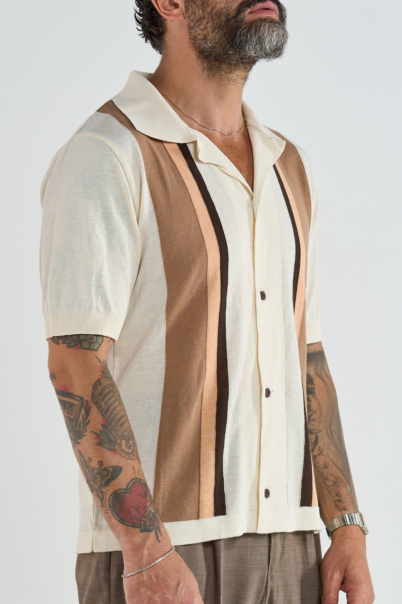 Polo Camicia Avorio con Righe a Contrasto