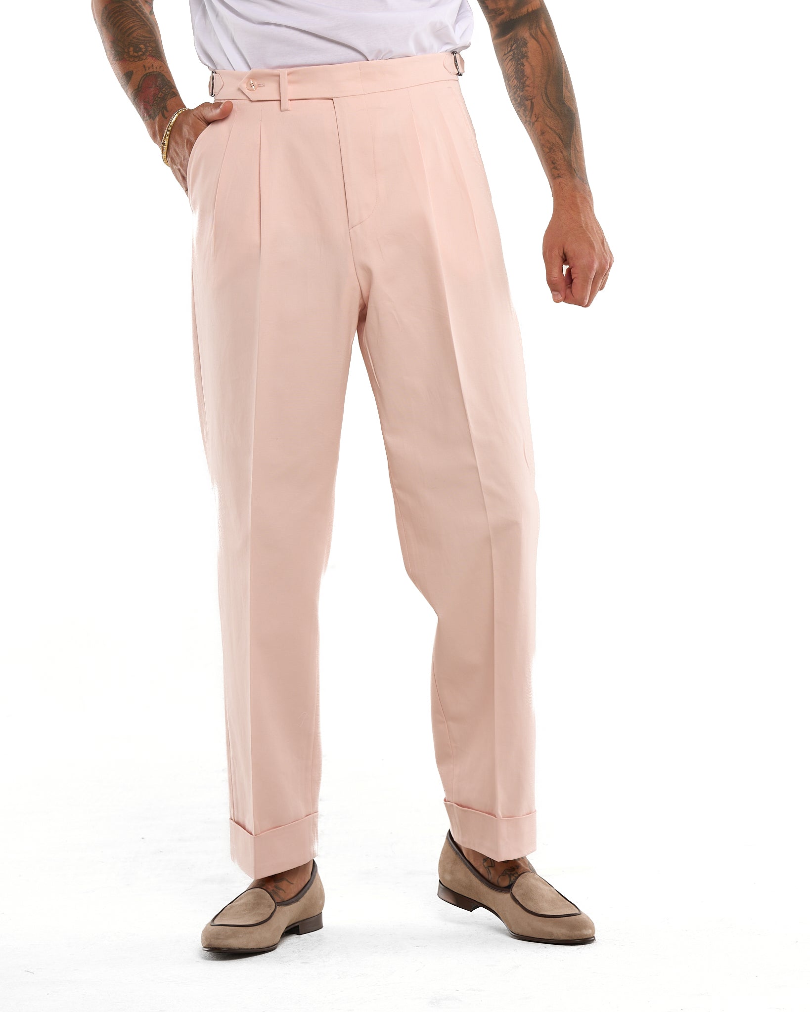 Pantalone Fondo Ampio e Fibbie Laterali in Cotone Rosa