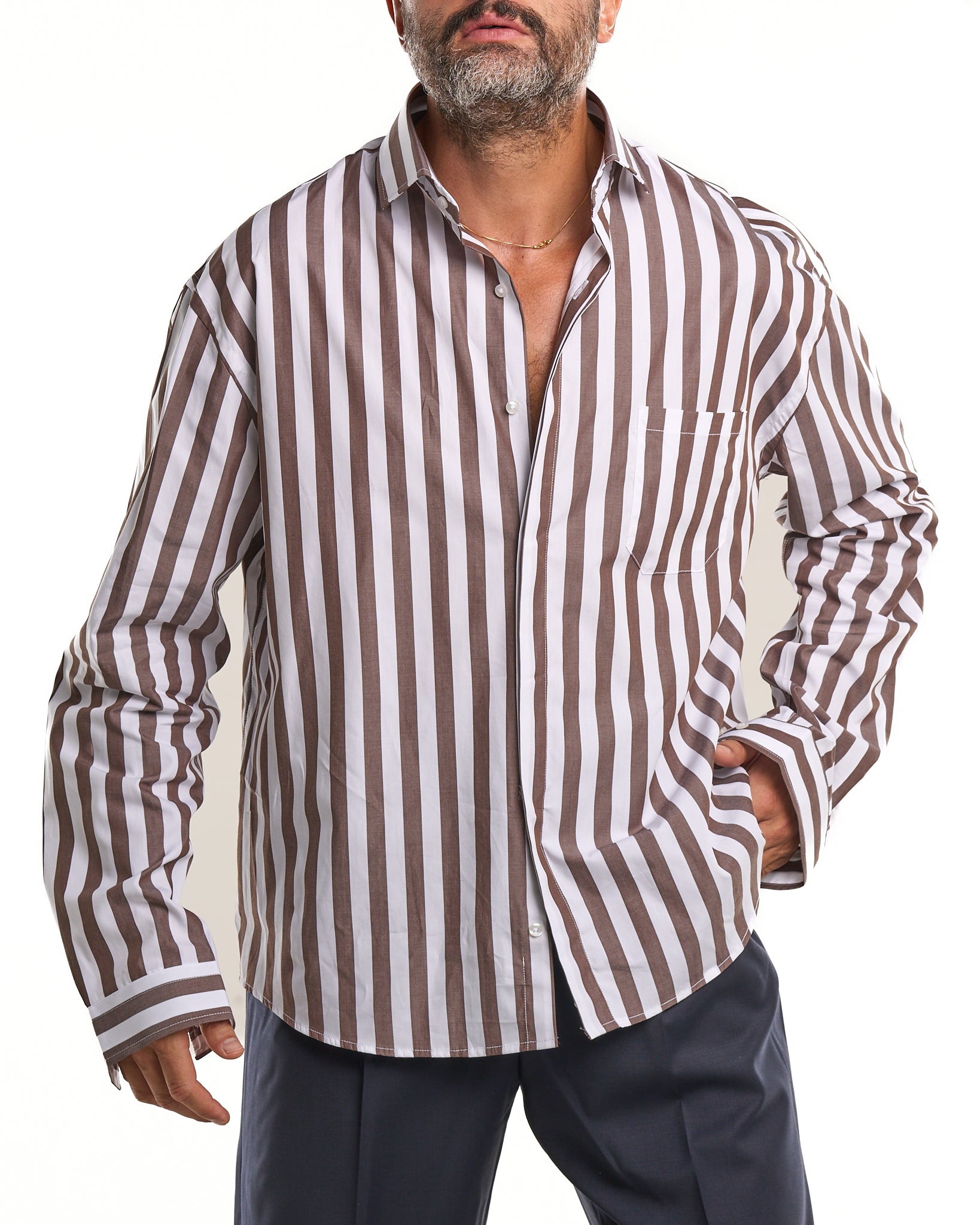 Oversized Shirt with Pocket and Double Stripe in Light Blue