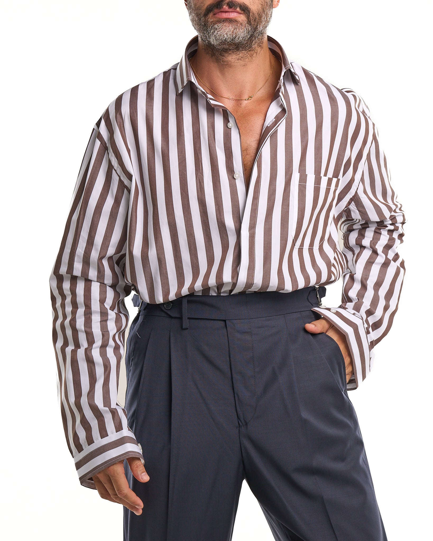 Oversized Shirt with Pocket and Double Stripe in Light Blue