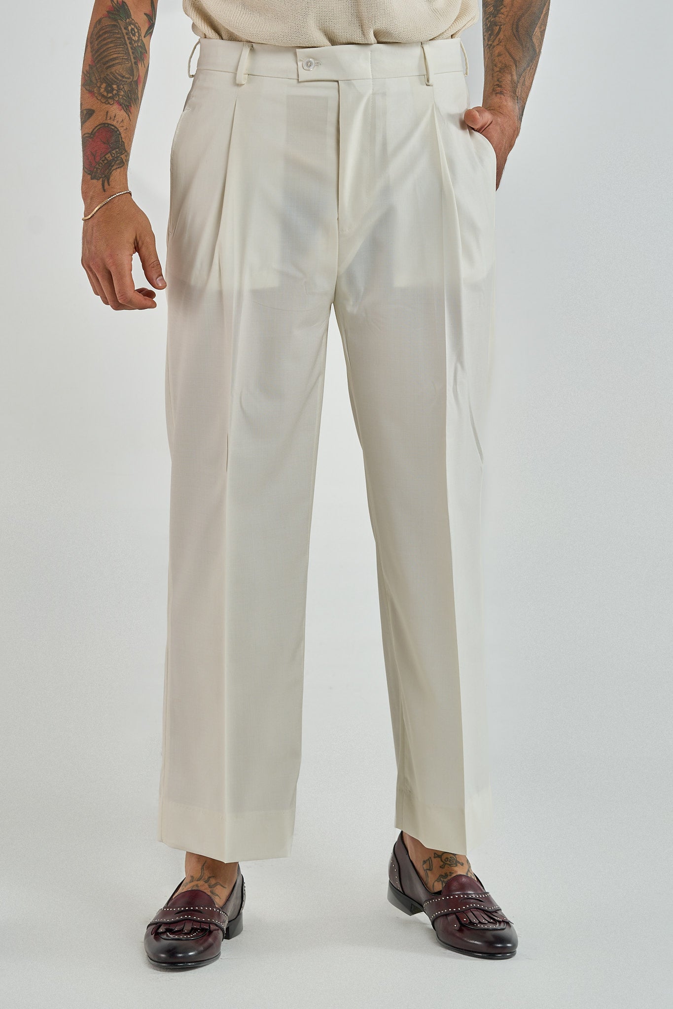 Pantalone Fondo Ampio Senza Piega Bianco Opaco Mykonos