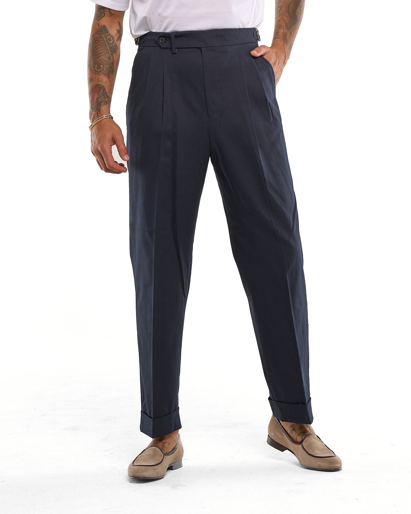 Pantalone Fondo Ampio e Fibbie Laterali in Cotone Blu