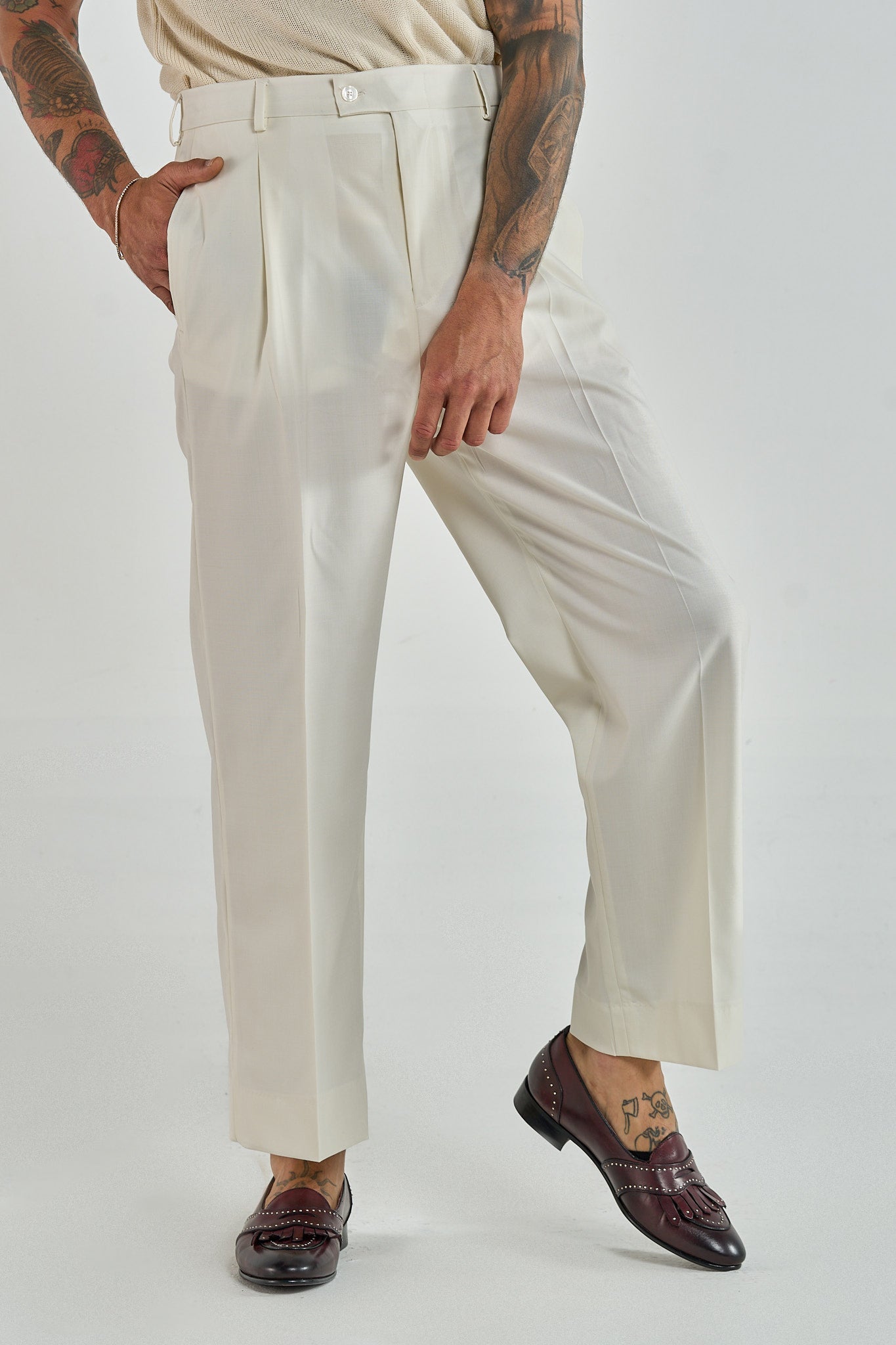 Pantalone Fondo Ampio Senza Piega Bianco Opaco Mykonos