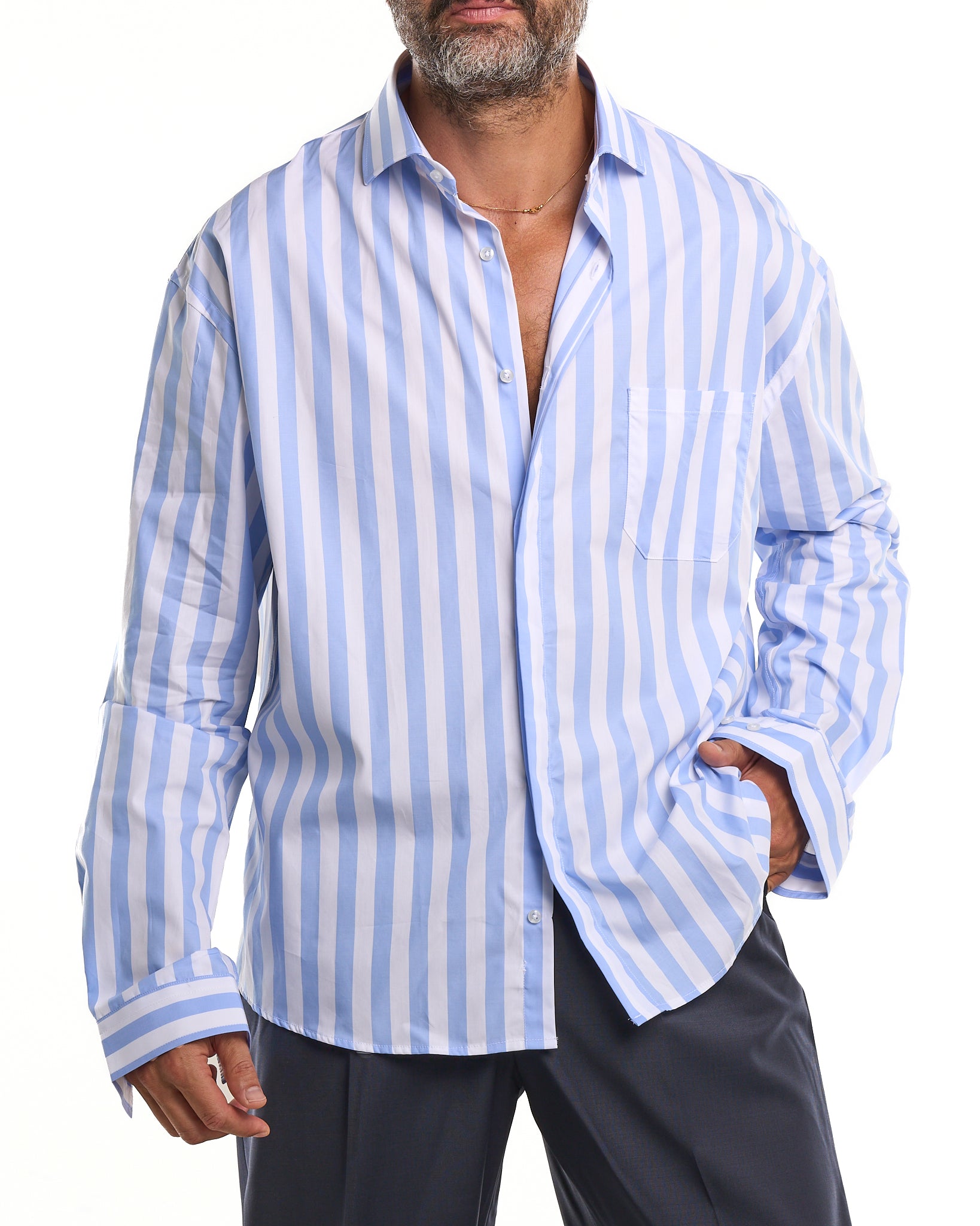 Oversized Shirt with Pocket and Double Stripe in Light Blue