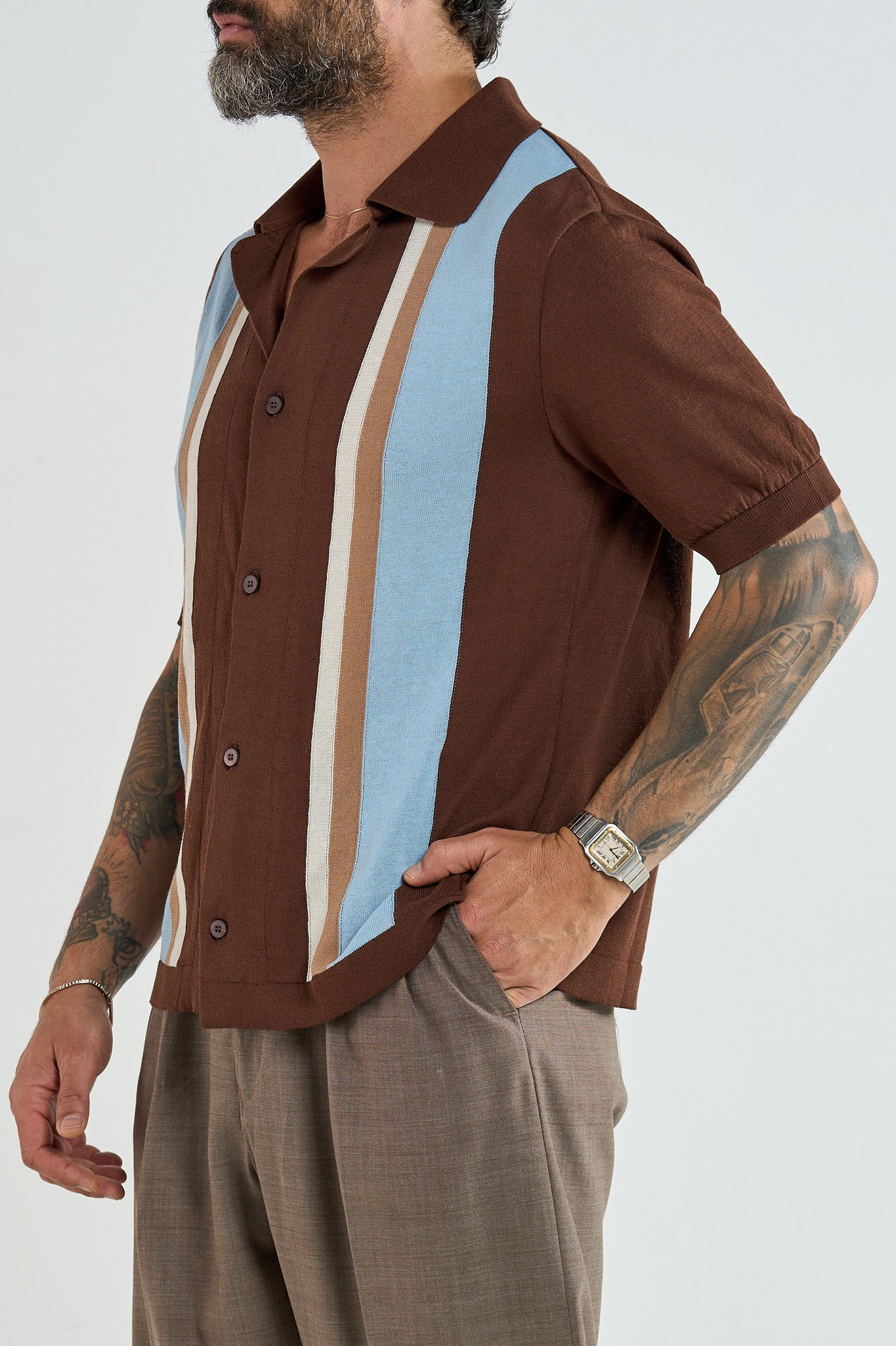 Polo Camicia Moro con Righe a Contrasto