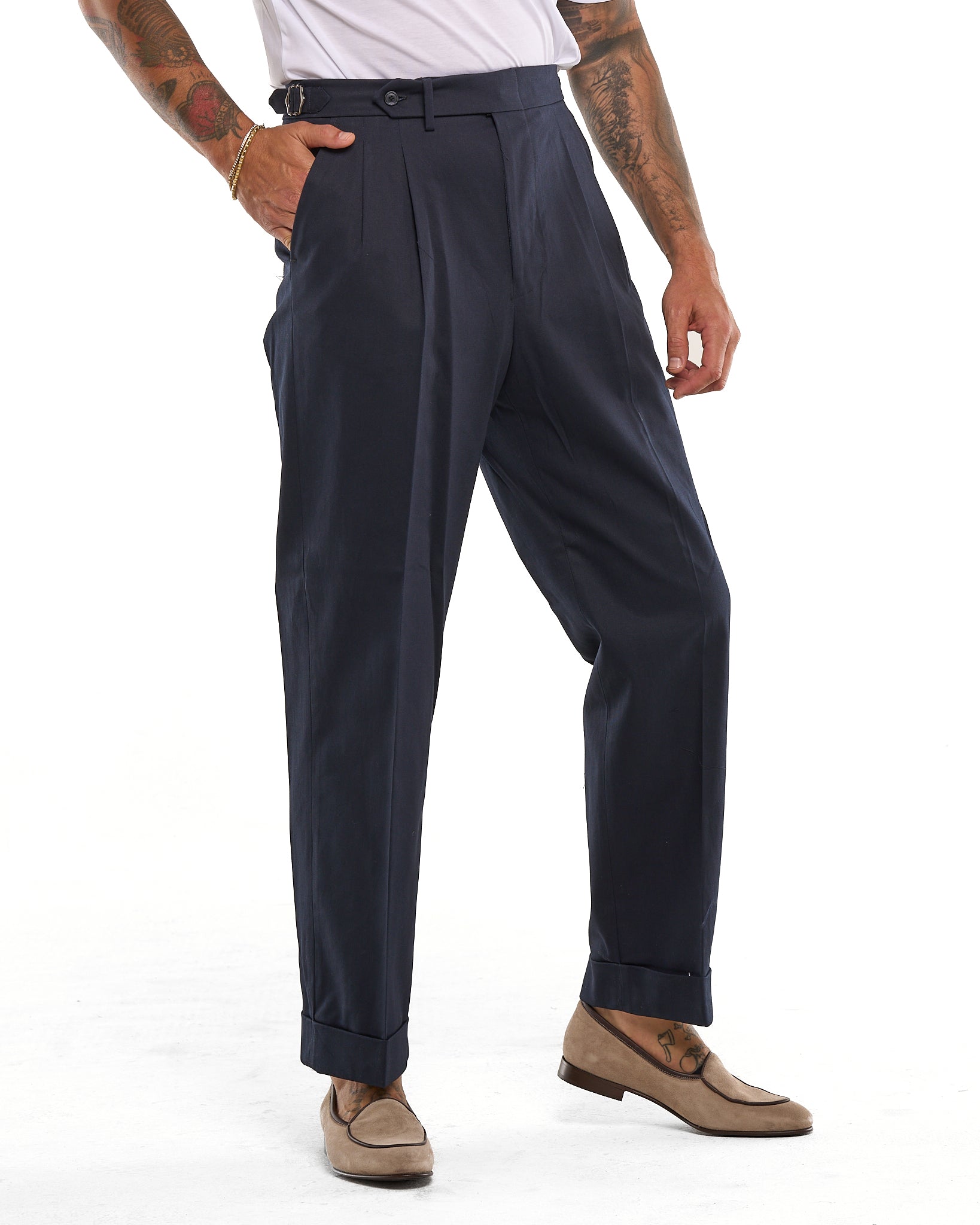 Pantalone Fondo Ampio e Fibbie Laterali in Cotone Blu