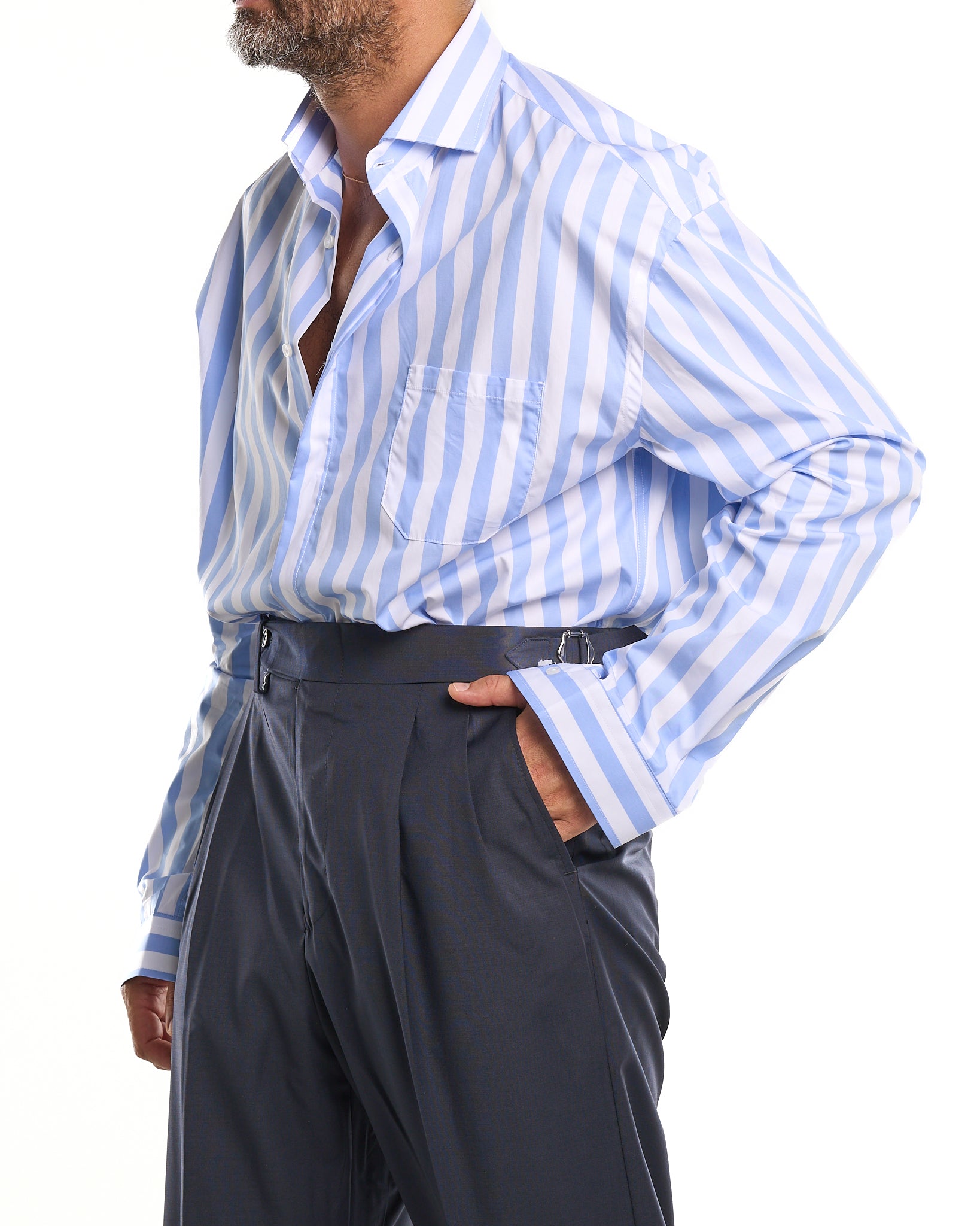 Oversized Shirt with Pocket and Double Stripe in Light Blue