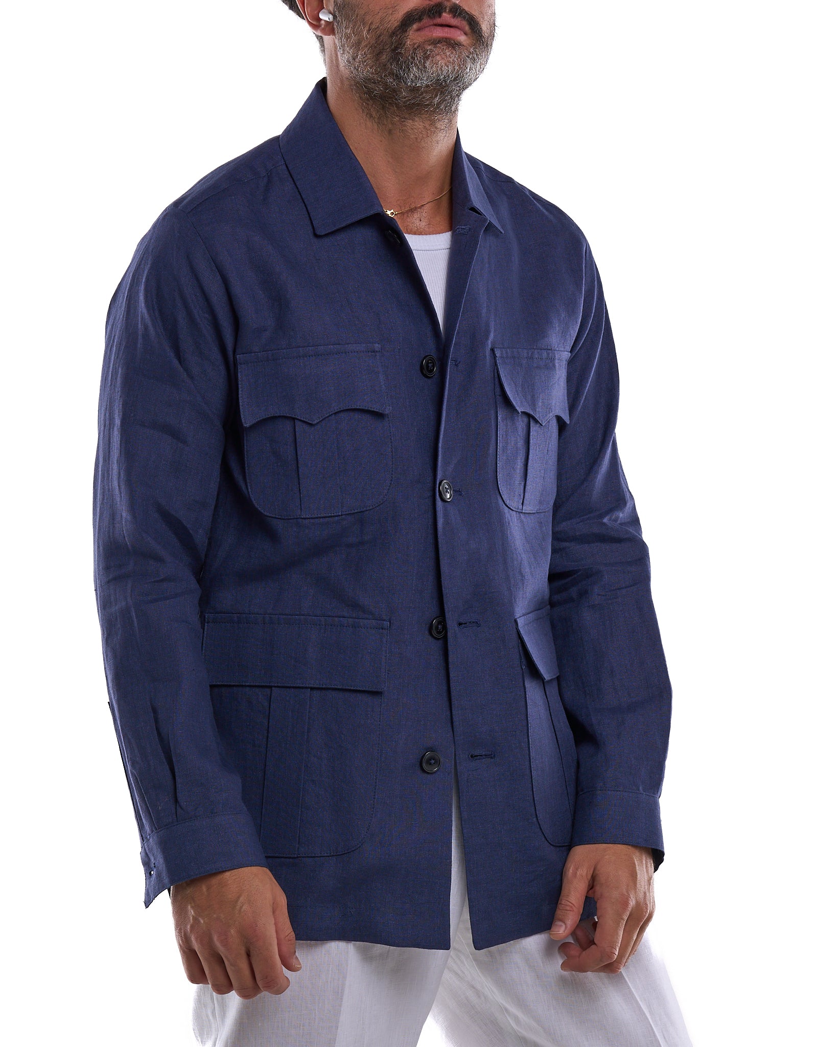 Camicia Sahariana in 100% Lino Blu