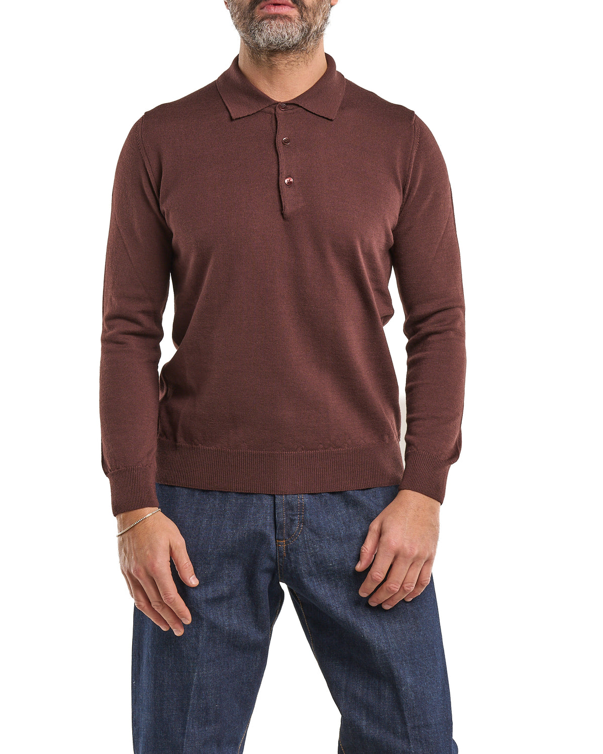Camiseta con cuello mao y cierre frontal 100 % lana merina burdeos