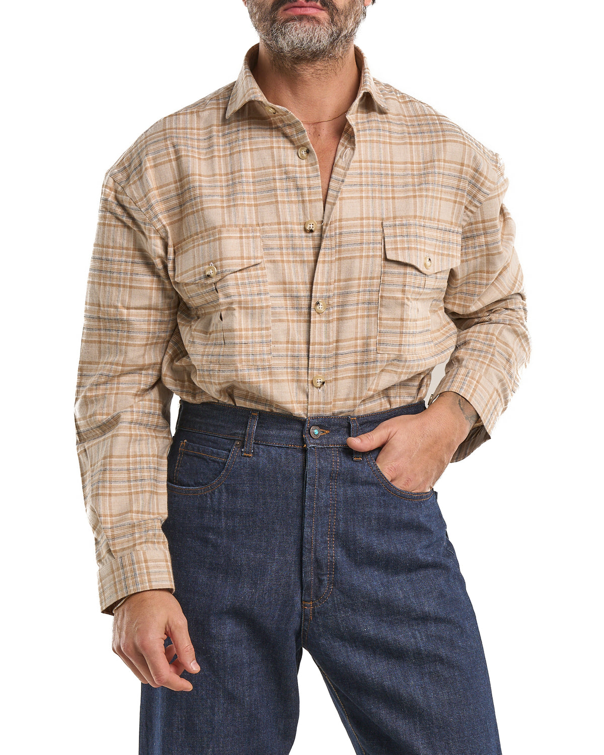 Camisa de franela de algodón a cuadros beige