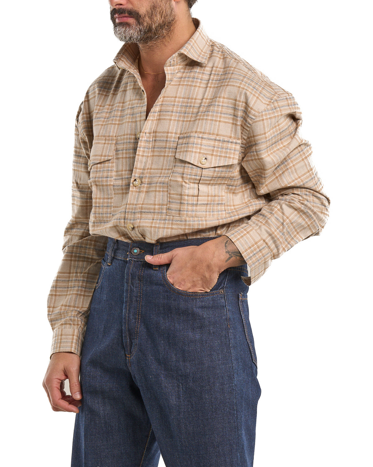 Camisa de franela de algodón a cuadros beige