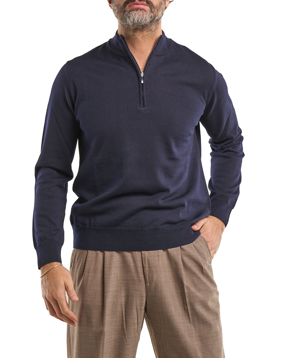 Camiseta con cuello mao y cierre frontal 100 % lana merina blu
