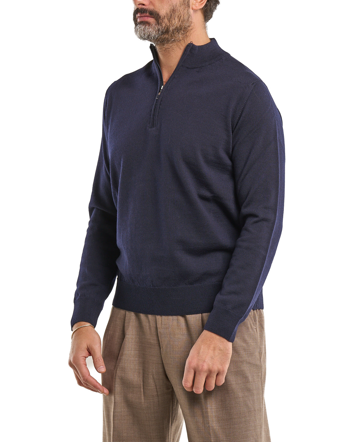 Camiseta con cuello mao y cierre frontal 100 % lana merina blu