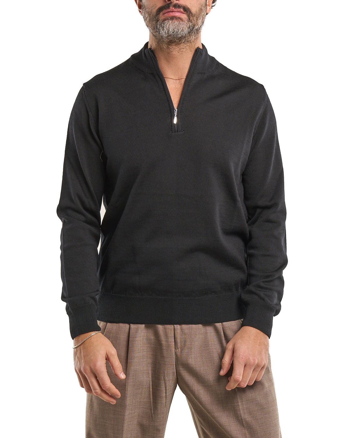Zip-Neck Polo in 100% Merino Wool – Black 