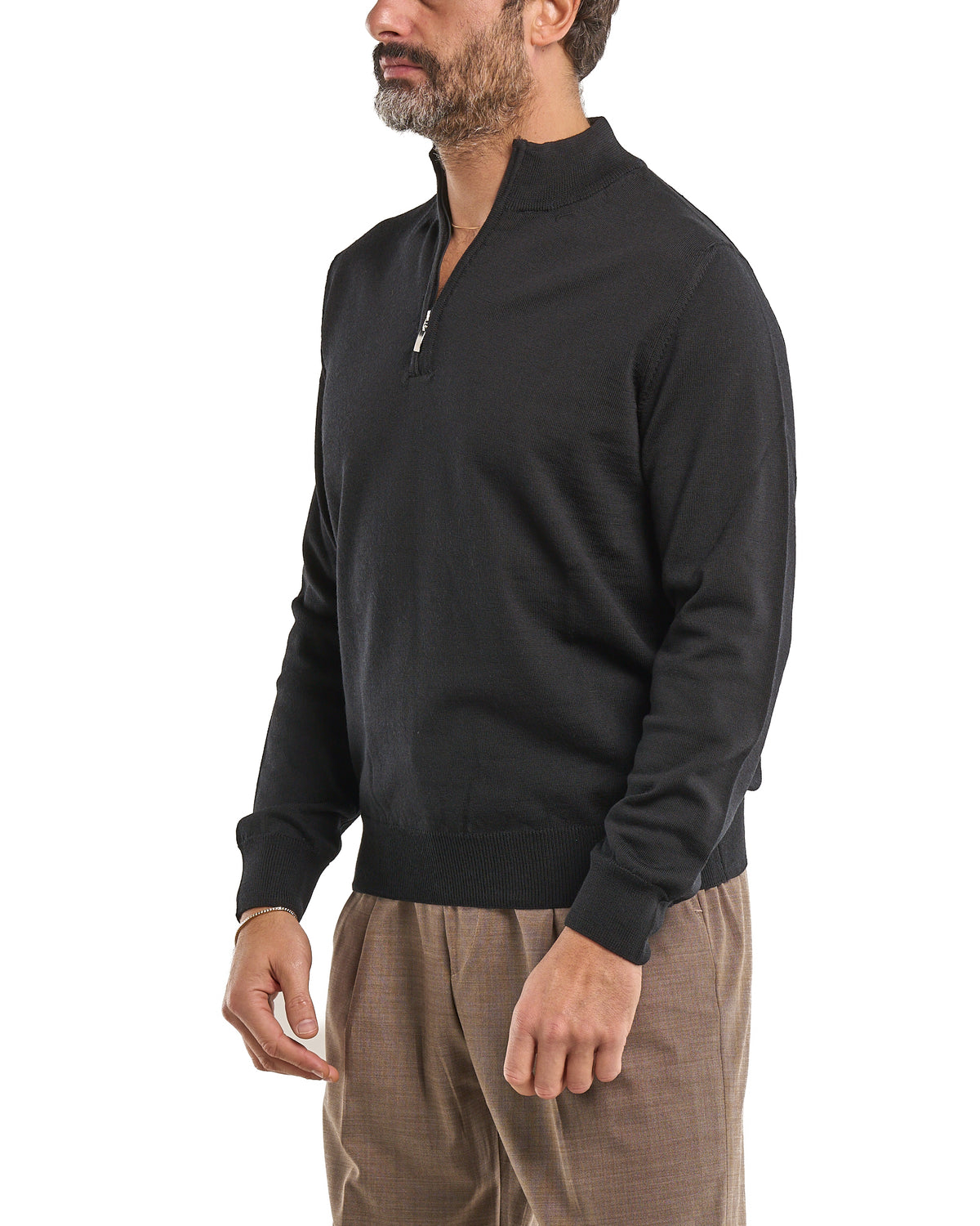 Zip-Neck Polo in 100% Merino Wool – Black 