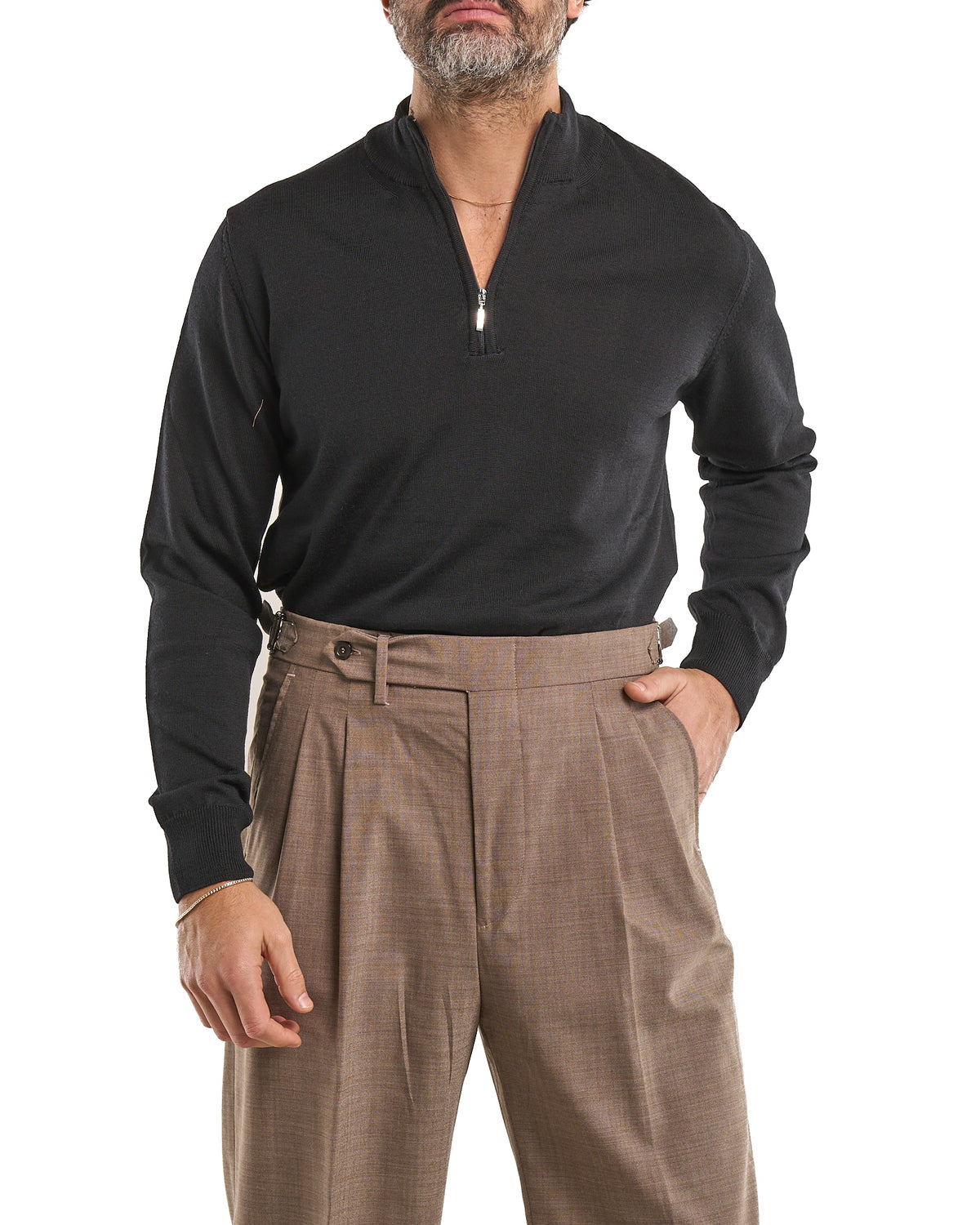 Zip-Neck Polo in 100% Merino Wool – Black 