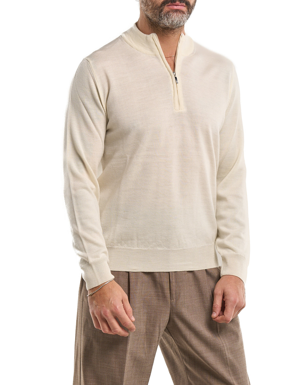 Zip-Neck Polo in 100% Merino Wool – Cream 