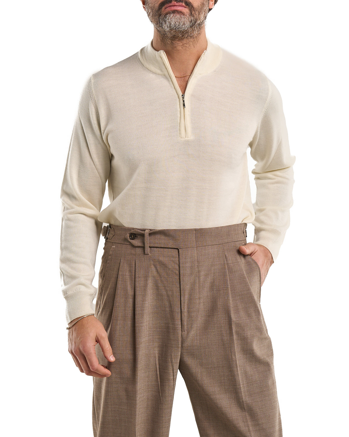 Zip-Neck Polo in 100% Merino Wool – Cream 