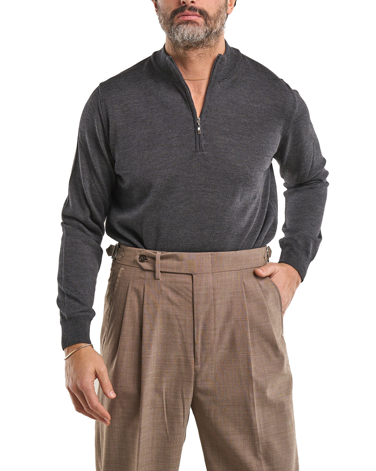 Camiseta con cuello mao y cierre frontal 100 % lana merina gris
