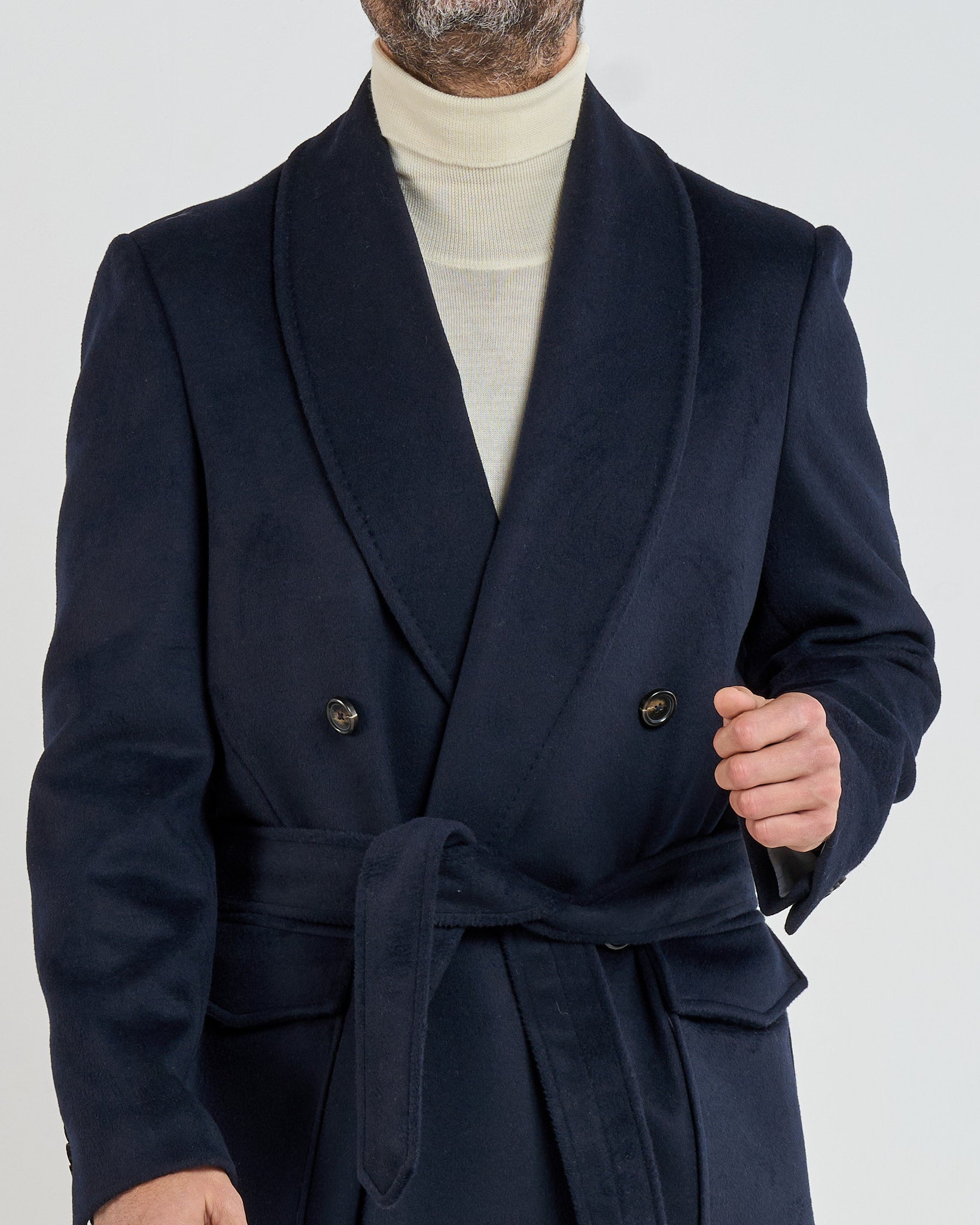 Double-Breasted Coat with Blue Shawl Lapel