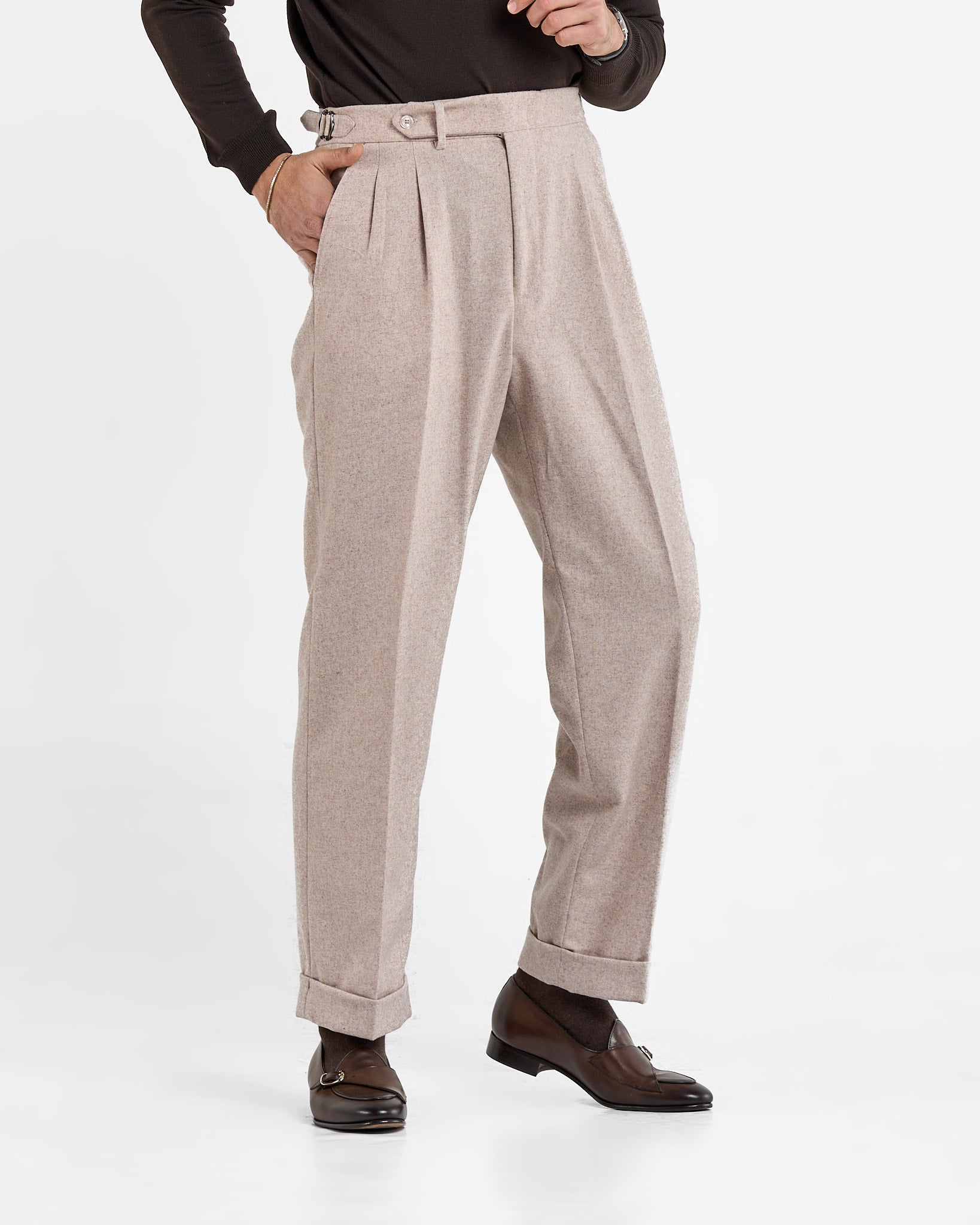 Pantalone Fondo Ampio e Fibbie Laterali in Flanella Rosino Megève