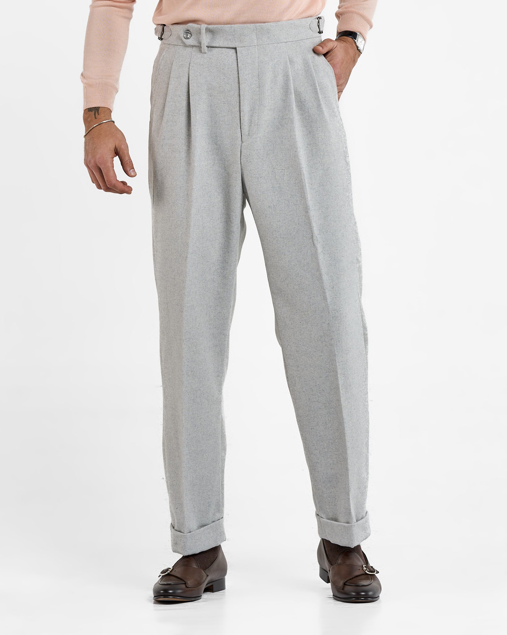 Pantalone Fondo Ampio e Fibbie Laterali in Flanella Grigio Chamonix