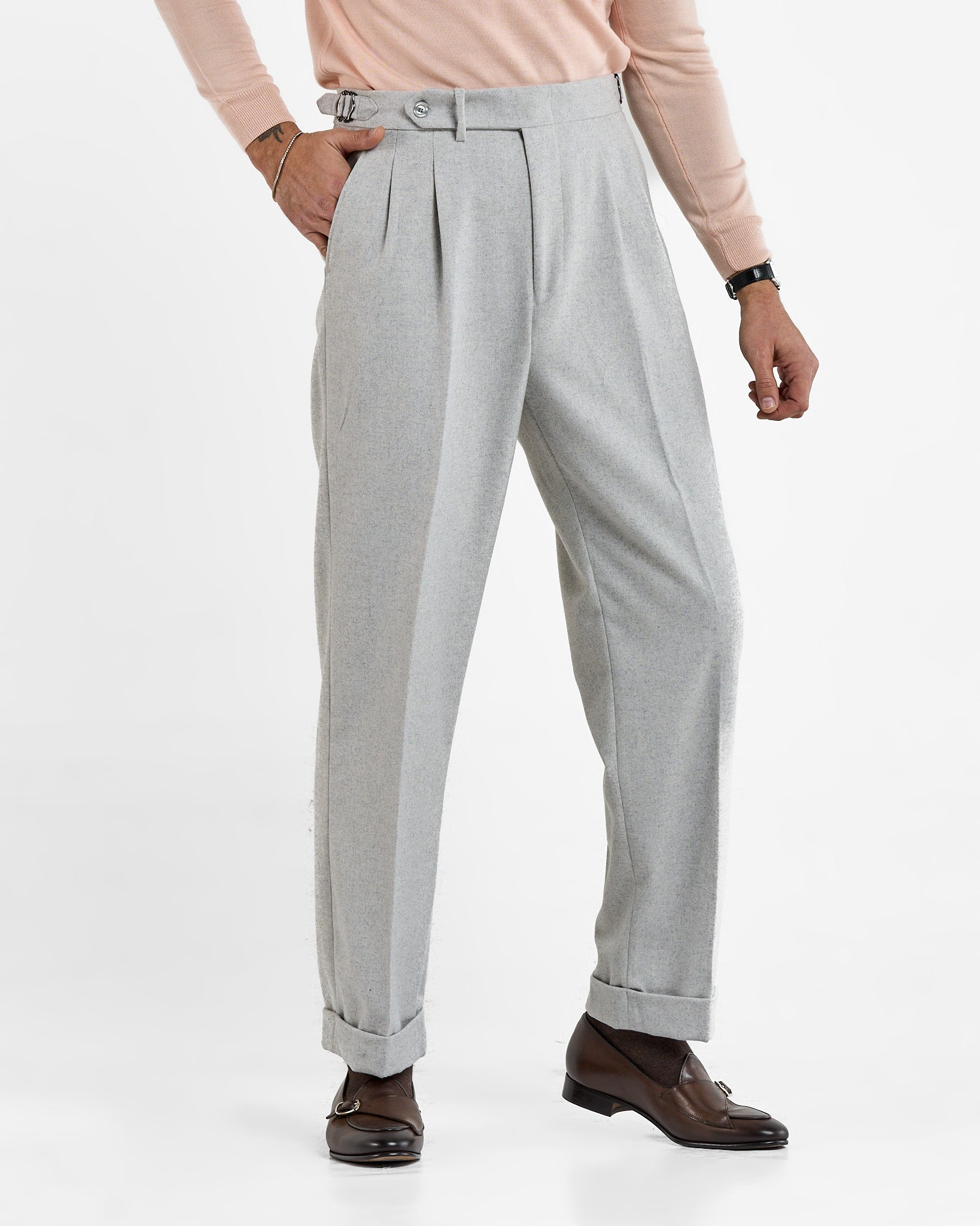 Pantalone Fondo Ampio e Fibbie Laterali in Flanella Grigio Chamonix