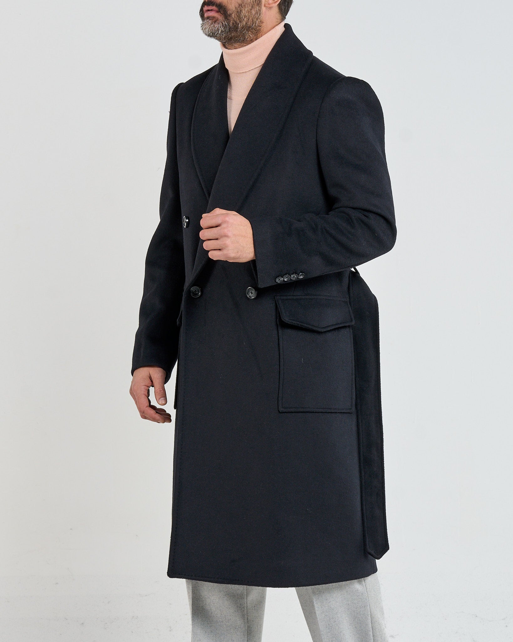 Black Double-Breasted Coat with Shawl Lapel