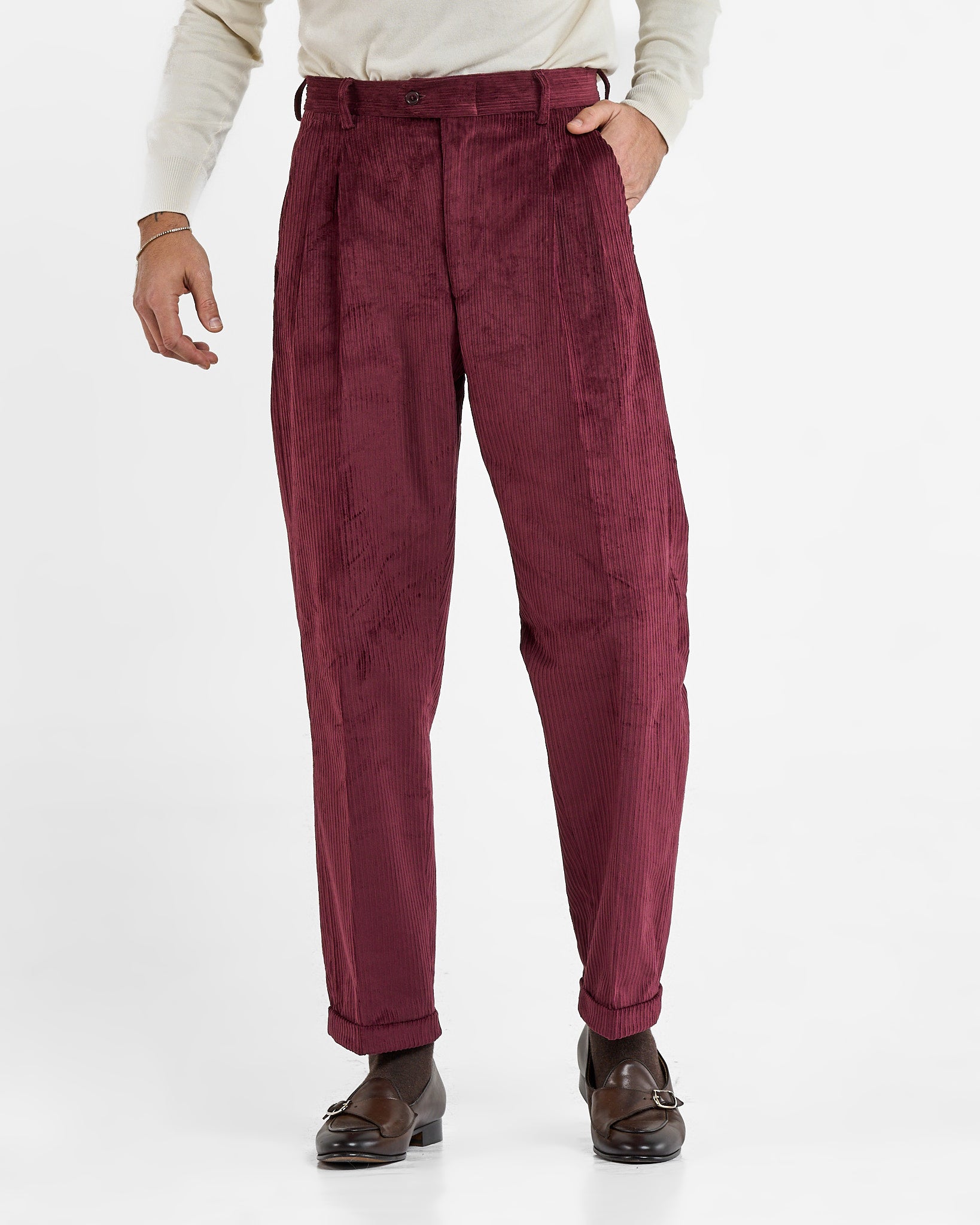 Pantalone in Velluto a Coste Fondo Ampio con Passanti Bordò