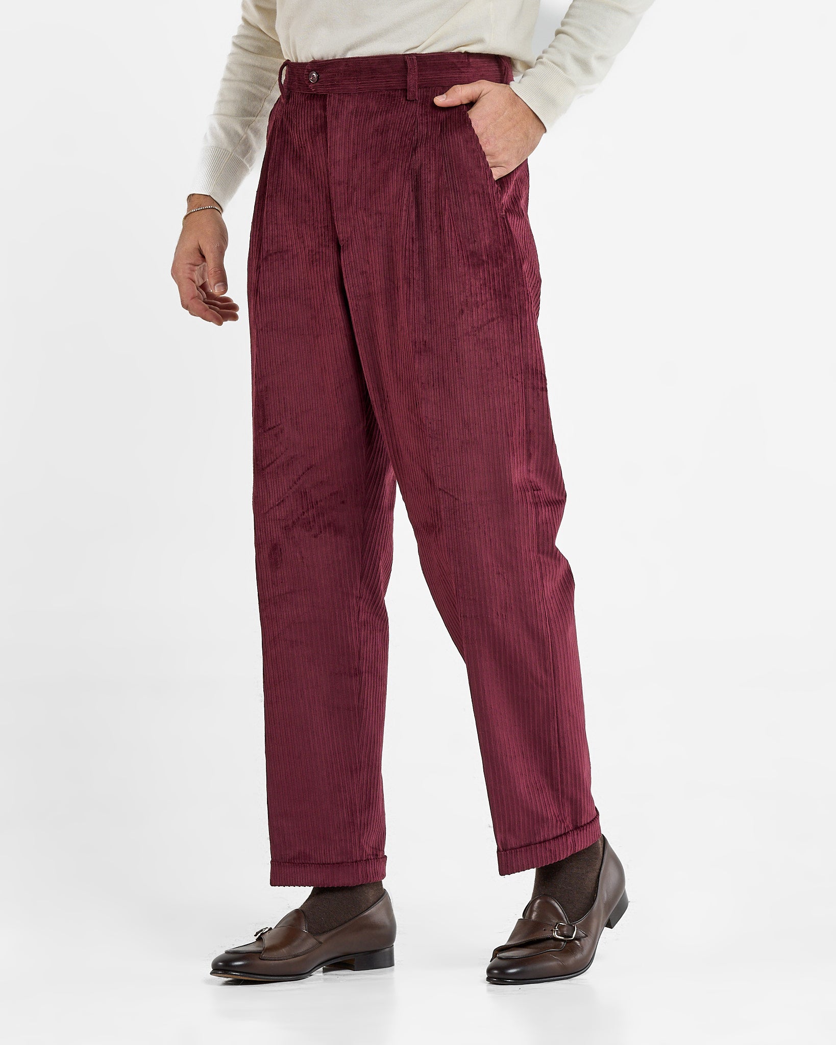 Pantalone in Velluto a Coste Fondo Ampio con Passanti Bordò