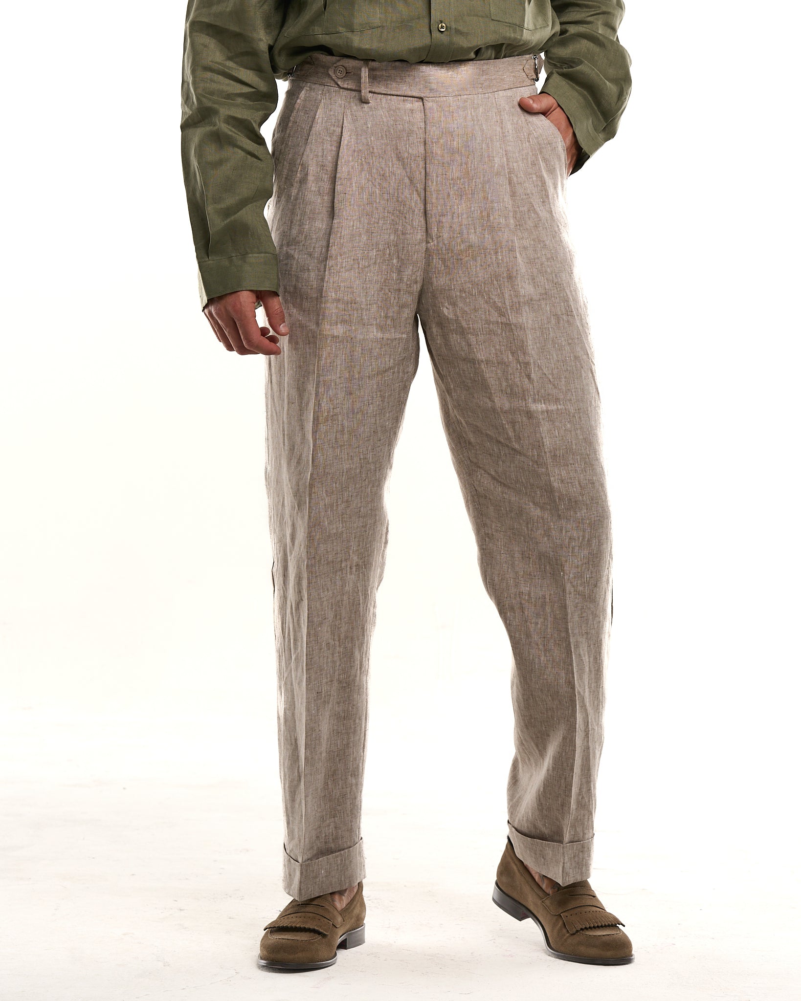 Pantalone Fondo Ampio e Fibbie Laterali in Lino Naturale