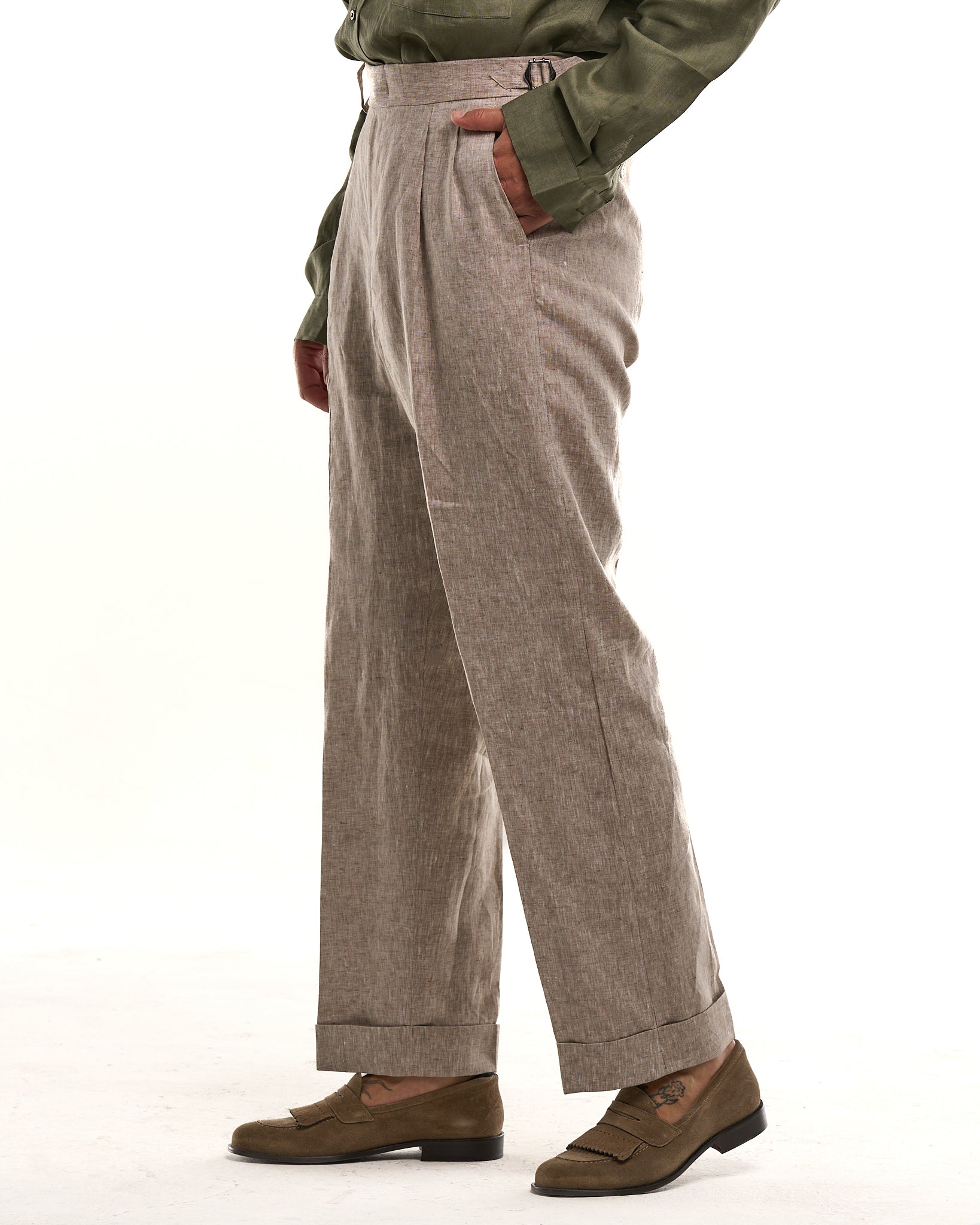 Pantalone Fondo Ampio e Fibbie Laterali in Lino Naturale