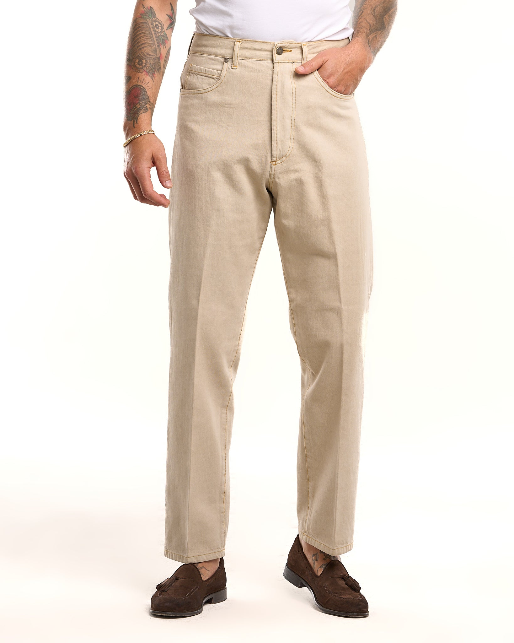 Jeans Vita Alta Fondo Ampio Crema