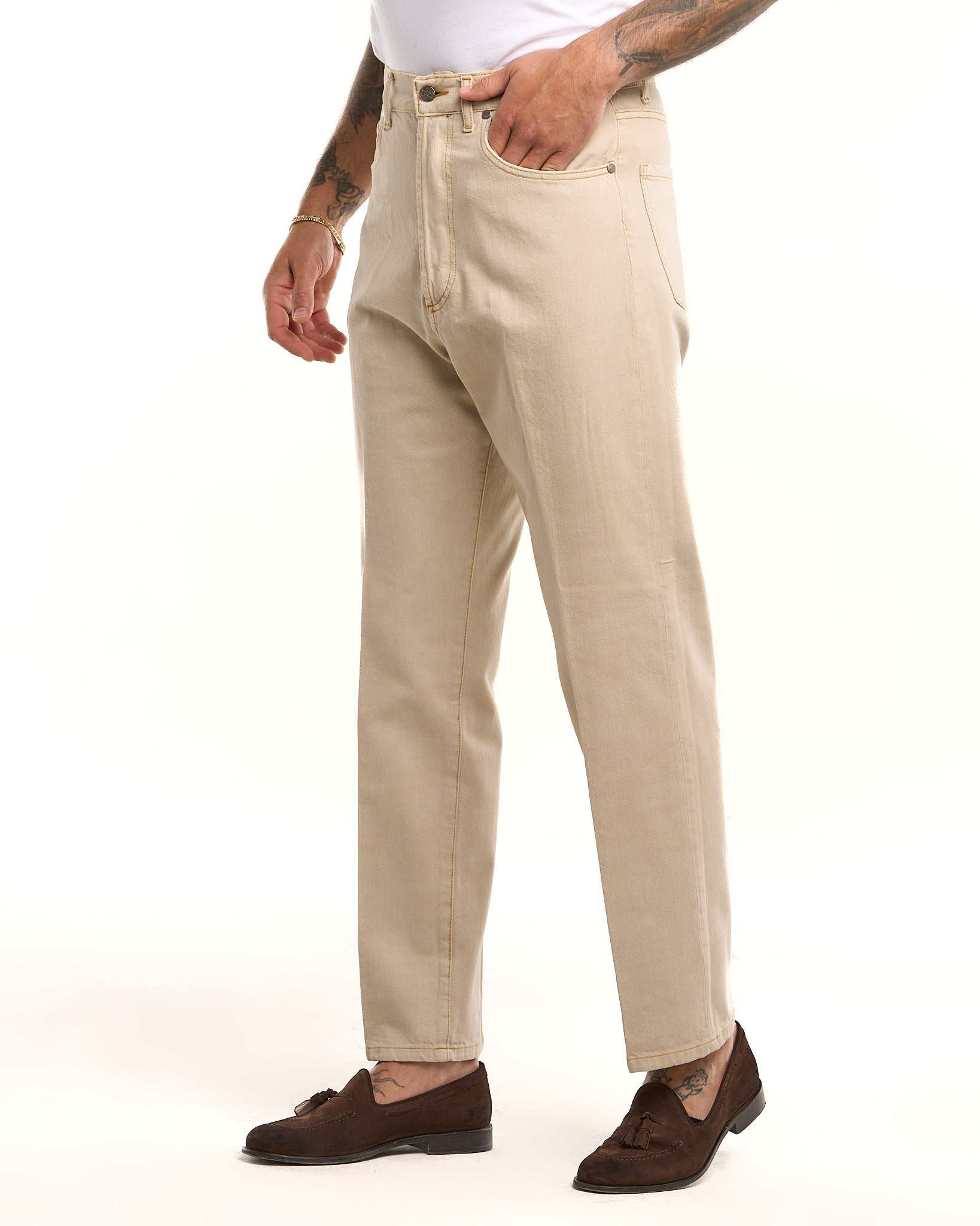 Jeans Vita Alta Fondo Ampio Crema