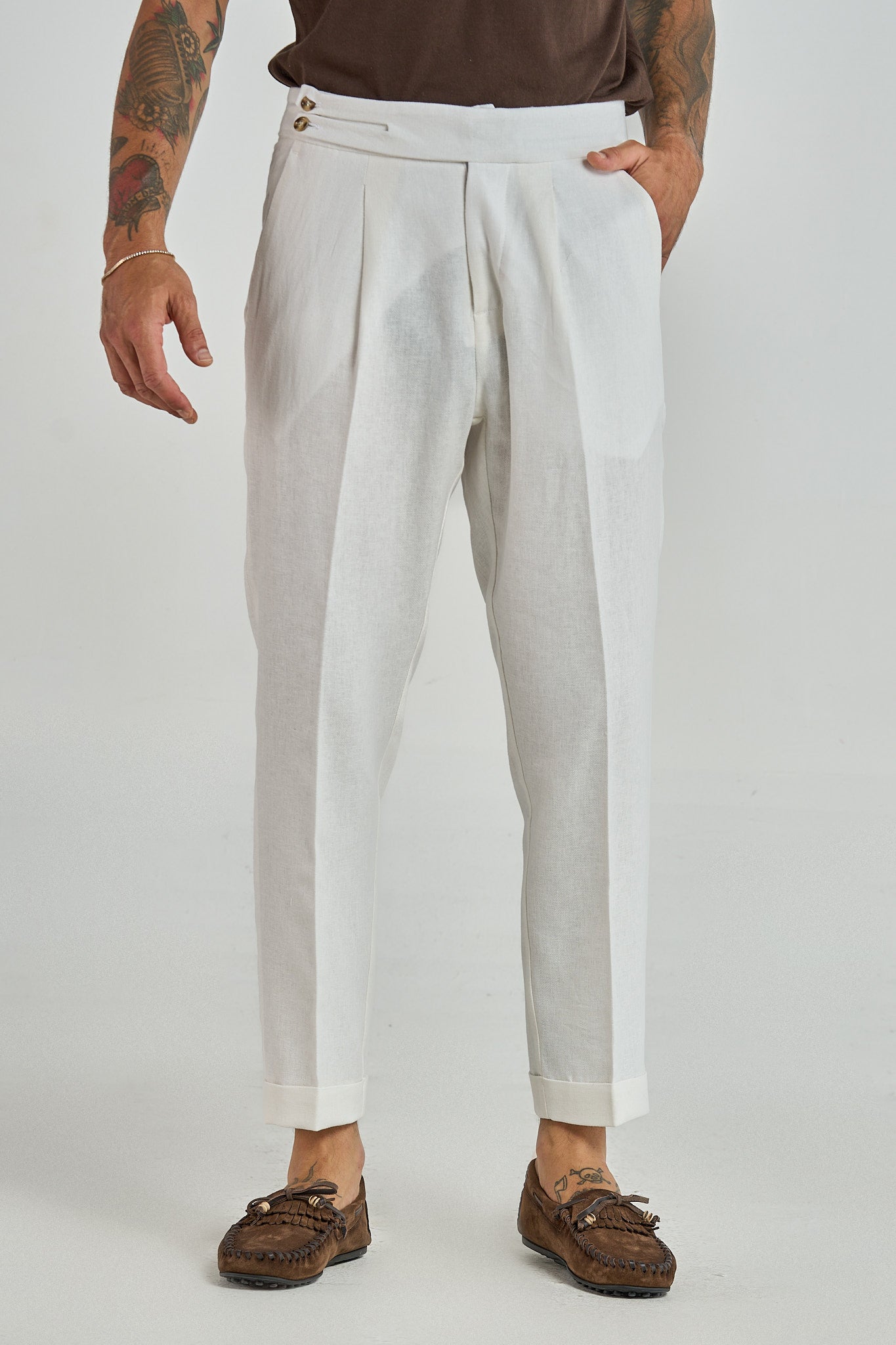 Pantalone Biforcato in Lino Bianco