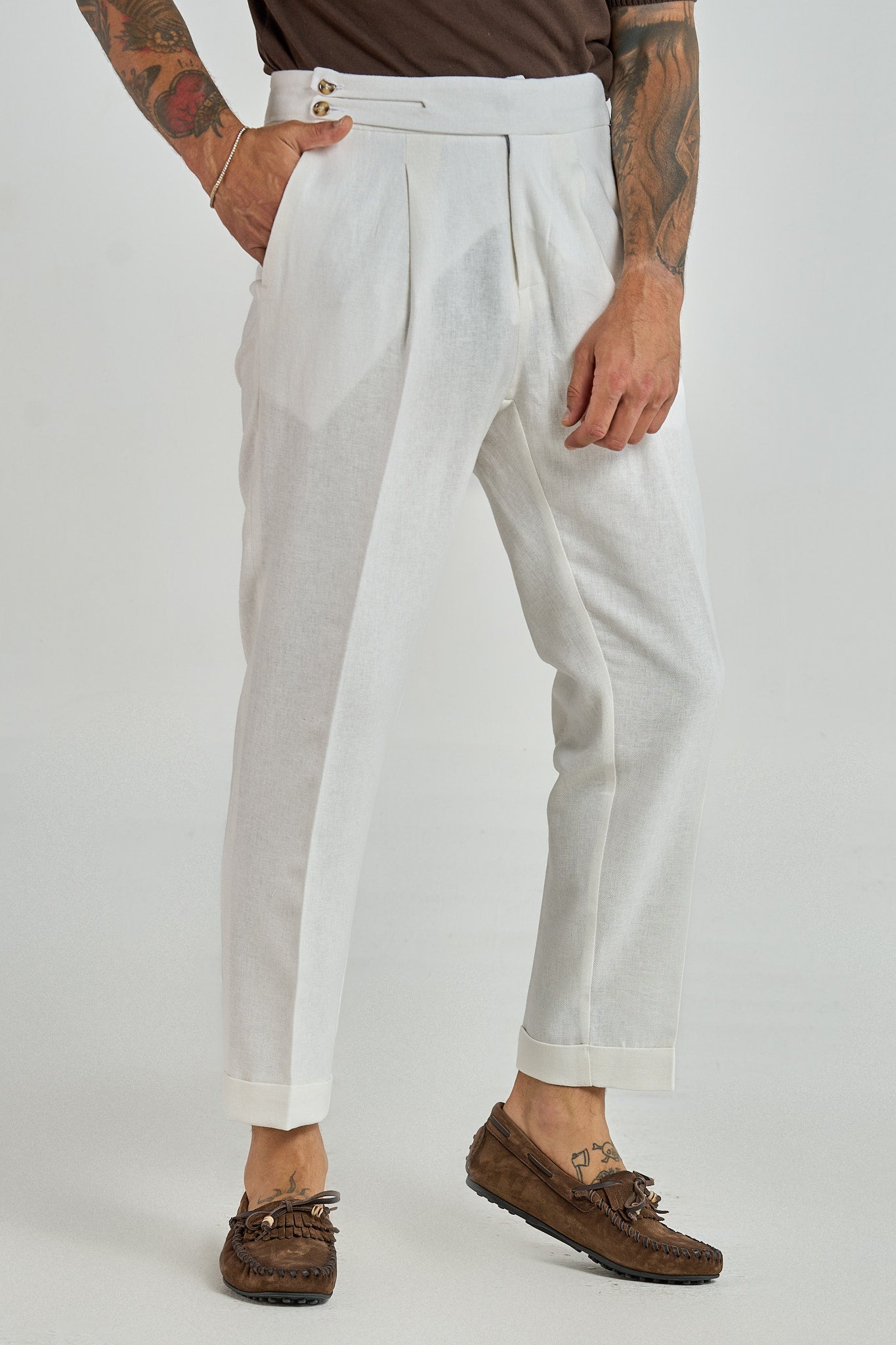Pantalone Biforcato in Lino Bianco